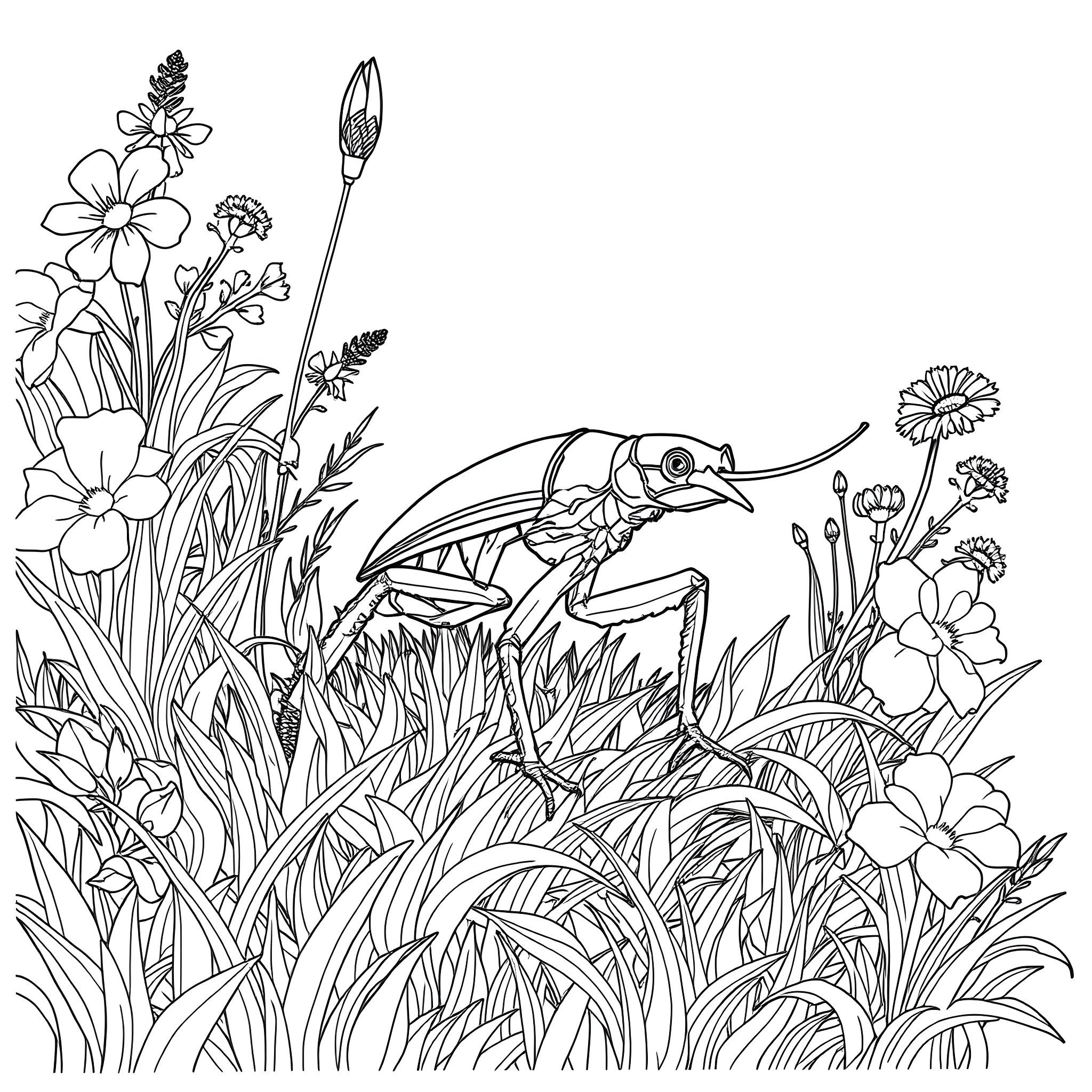 Phyllobates frogs exploring a floral garden Coloring Page (free black-and-white line drawing printable PDF for all, from beginners to advanced learners, including children, teens, adults, and seniors)