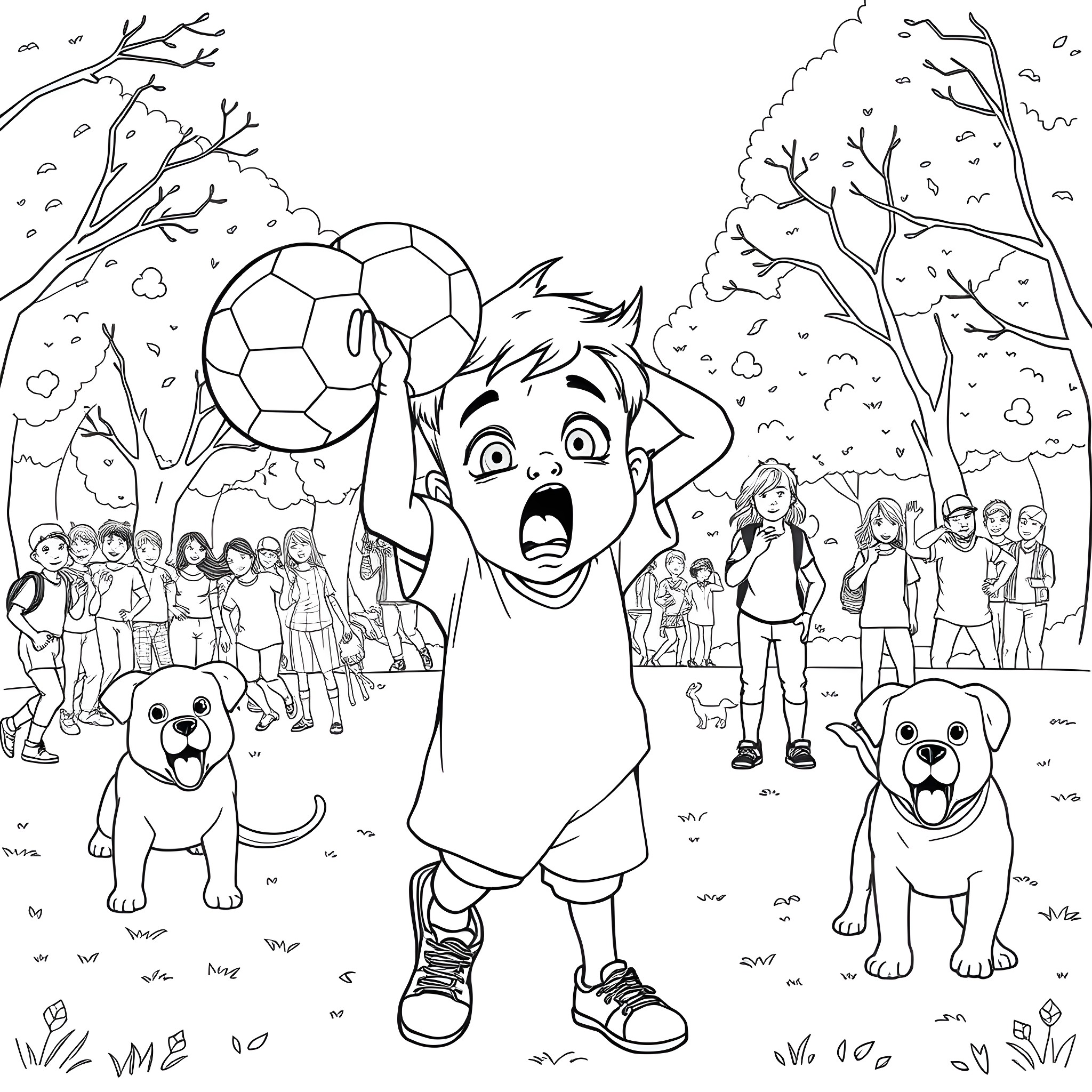 Boy excitedly playing soccer with dogs in the park Coloring Page (free black-and-white line drawing printable PDF for all, from beginners to advanced learners, including children, teens, adults, and seniors)