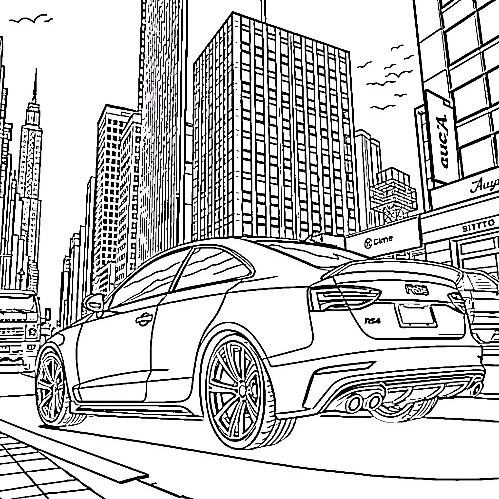 Audi sports car in the bustling city Coloring Page (free black-and-white line drawing printable PDF for all, from beginners to advanced learners, including children, teens, adults, and seniors)