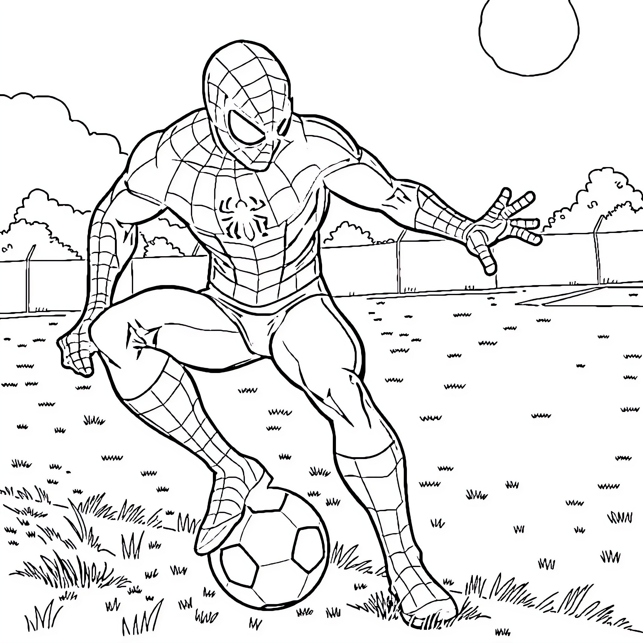 Spider-Man Kicking Soccer Ball in Outdoor Scene Coloring Page (free black-and-white line drawing printable PDF for all, from beginners to advanced learners, including children, teens, adults, and seniors)