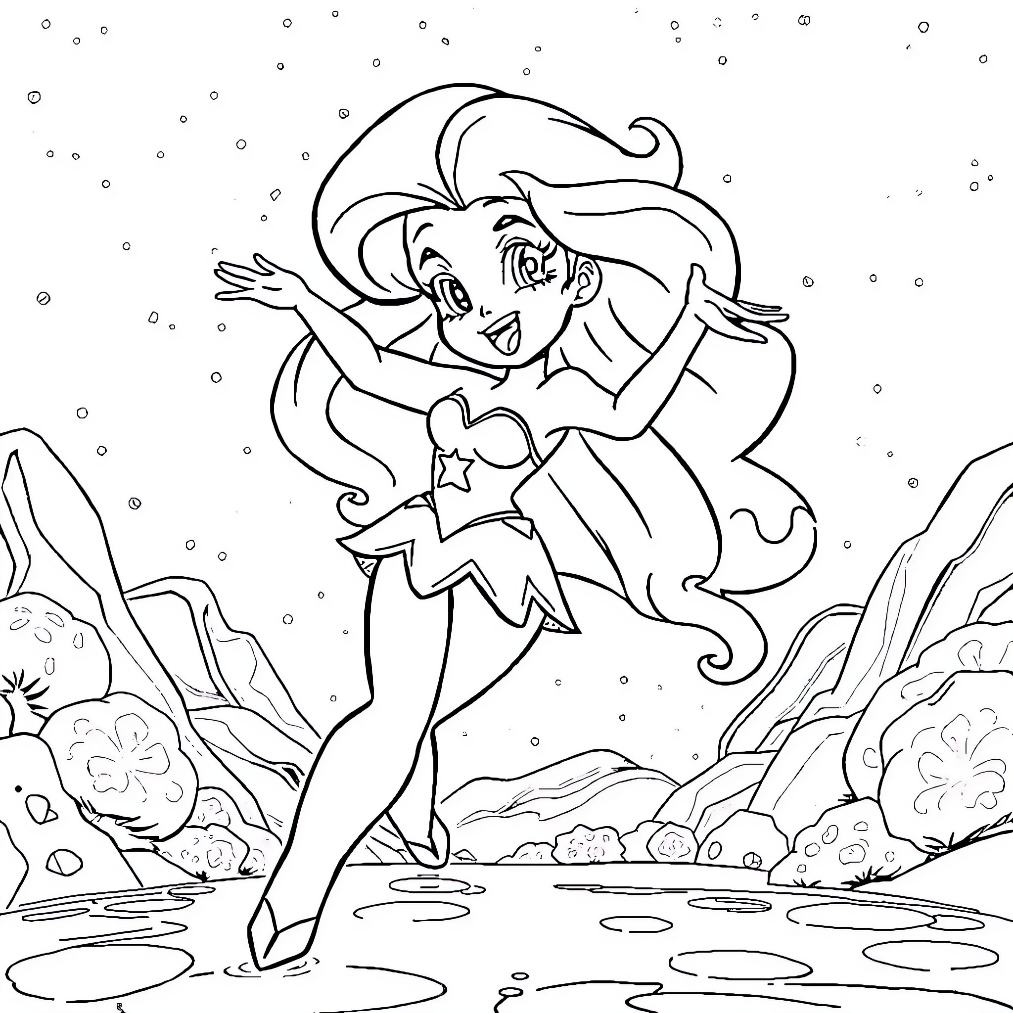 Pearl dancing joyfully in the magical winter wonderland Coloring Page (free black-and-white line drawing printable PDF for all, from beginners to advanced learners, including children, teens, adults, and seniors)