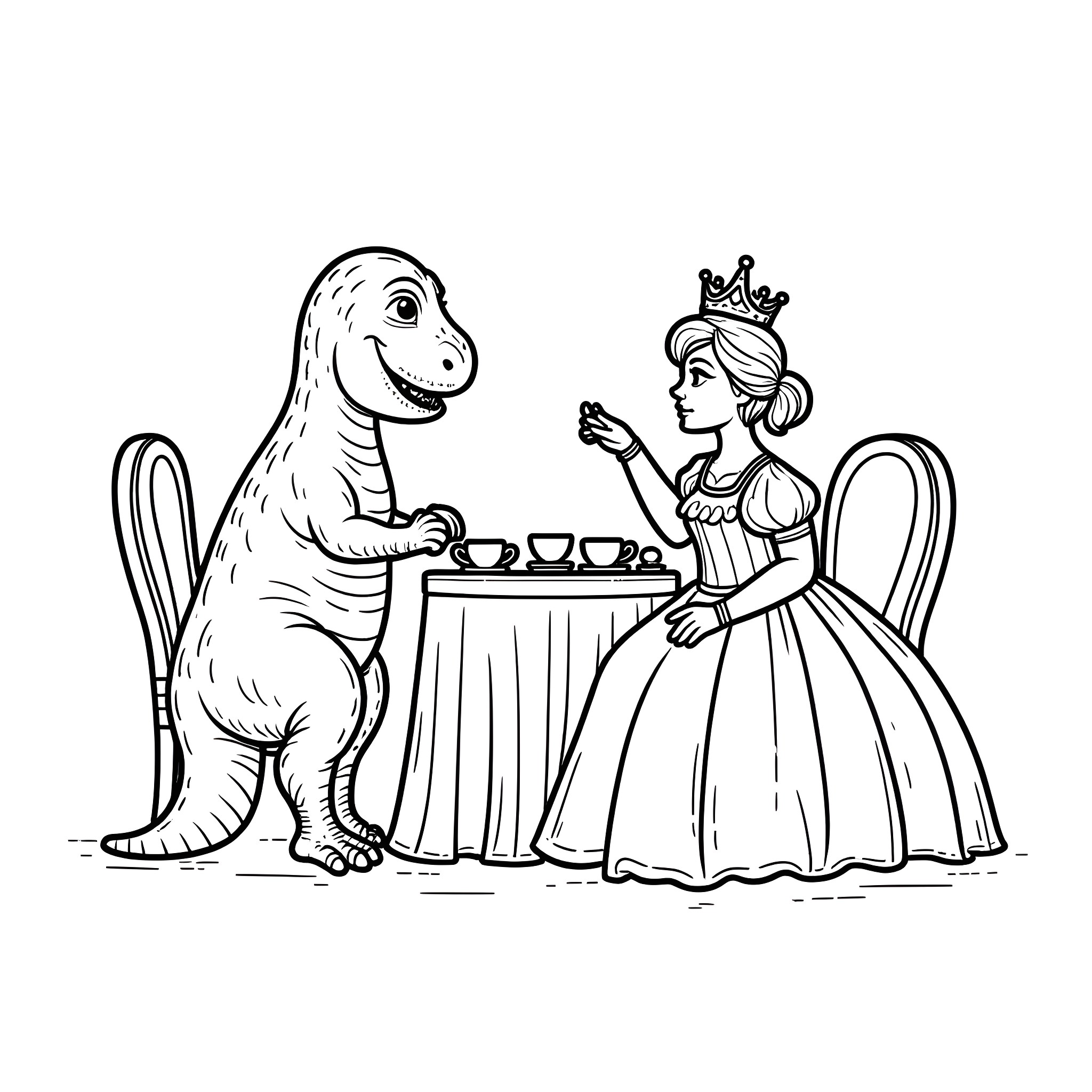 T-Rex Enjoying Tea Party with Princess Coloring Page (free black-and-white line drawing printable PDF for all, from beginners to advanced learners, including children, teens, adults, and seniors)