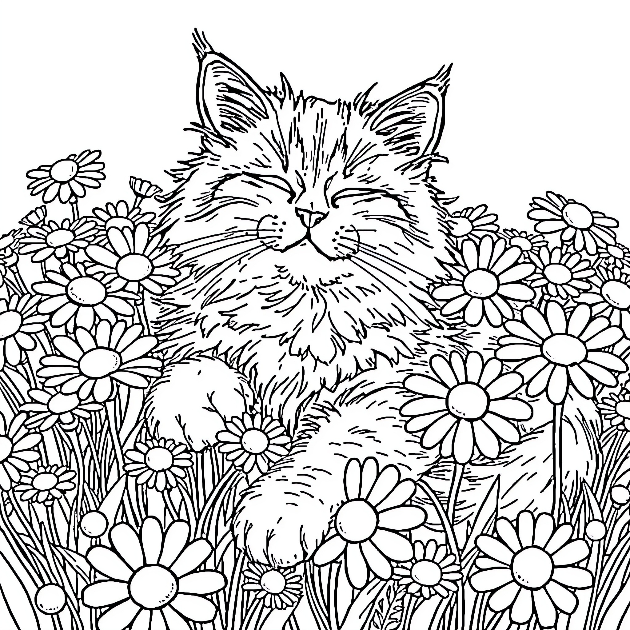 Cat resting in a field of flowers Coloring Page (free black-and-white line drawing printable PDF for all, from beginners to advanced learners, including children, teens, adults, and seniors)
