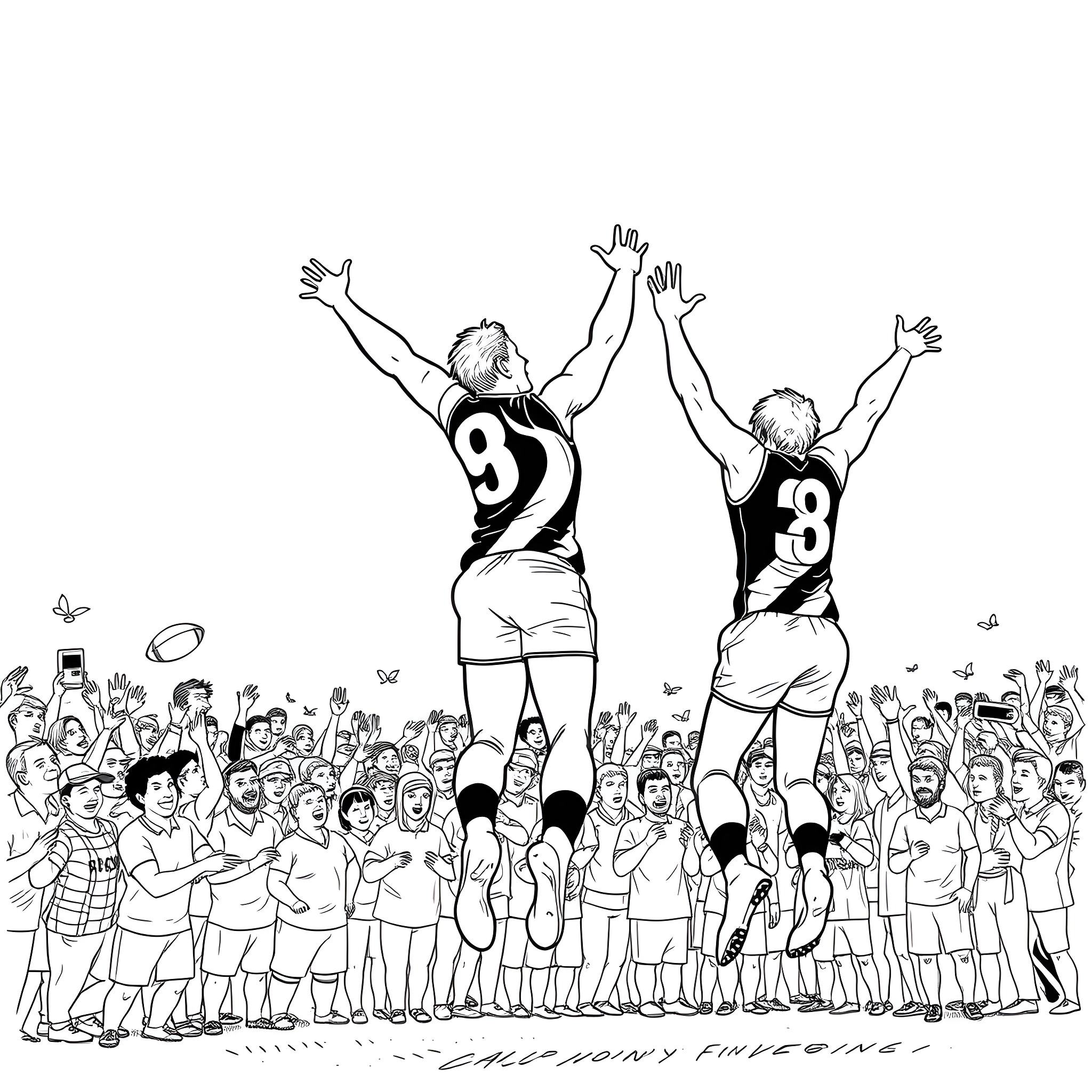 Football Players Celebrating Victory with Enthusiastic Crowd Coloring Page (free black-and-white line drawing printable PDF for all, from beginners to advanced learners, including children, teens, adults, and seniors)