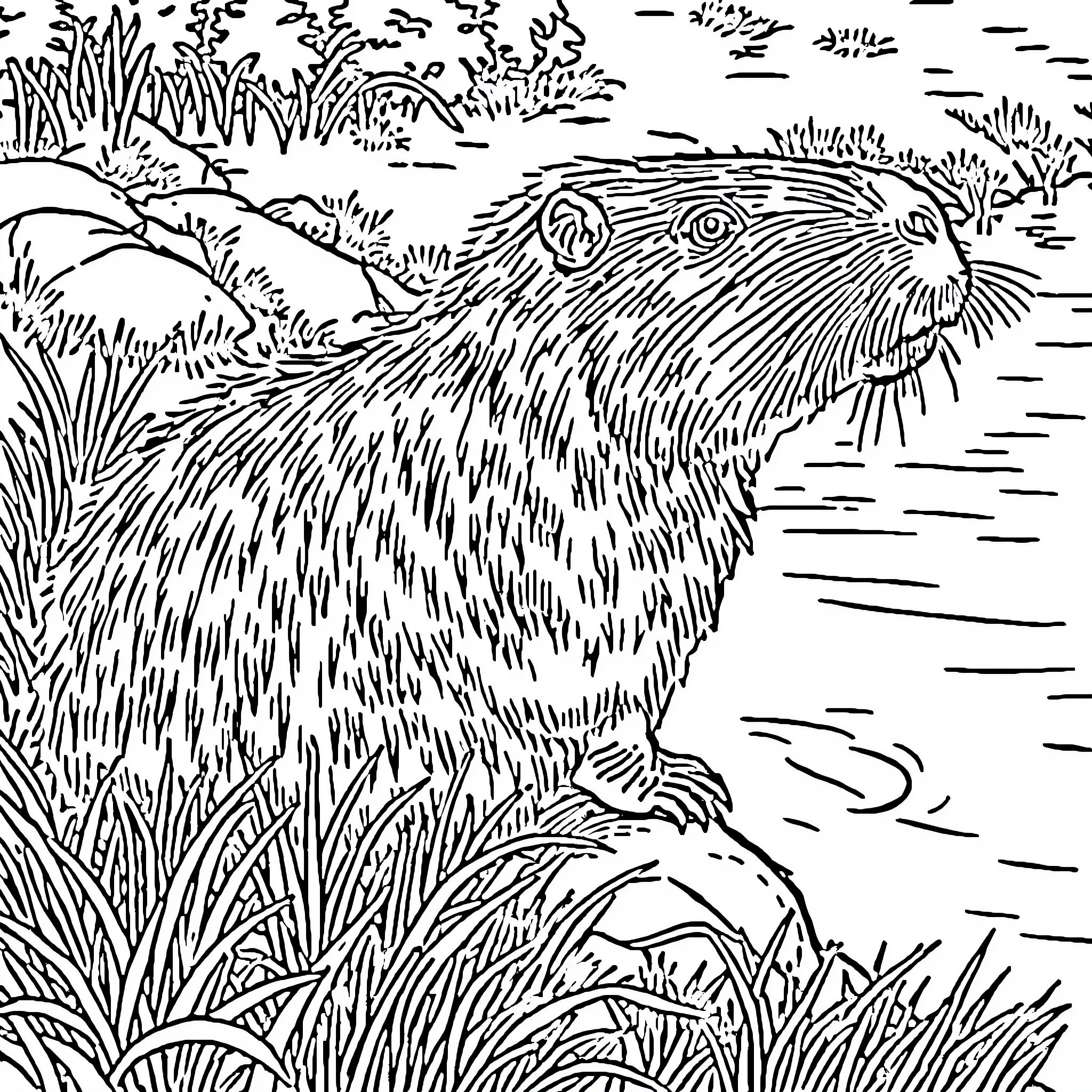 Capybara enjoying the tranquil surroundings Coloring Page (free black-and-white line drawing printable PDF for all, from beginners to advanced learners, including children, teens, adults, and seniors)