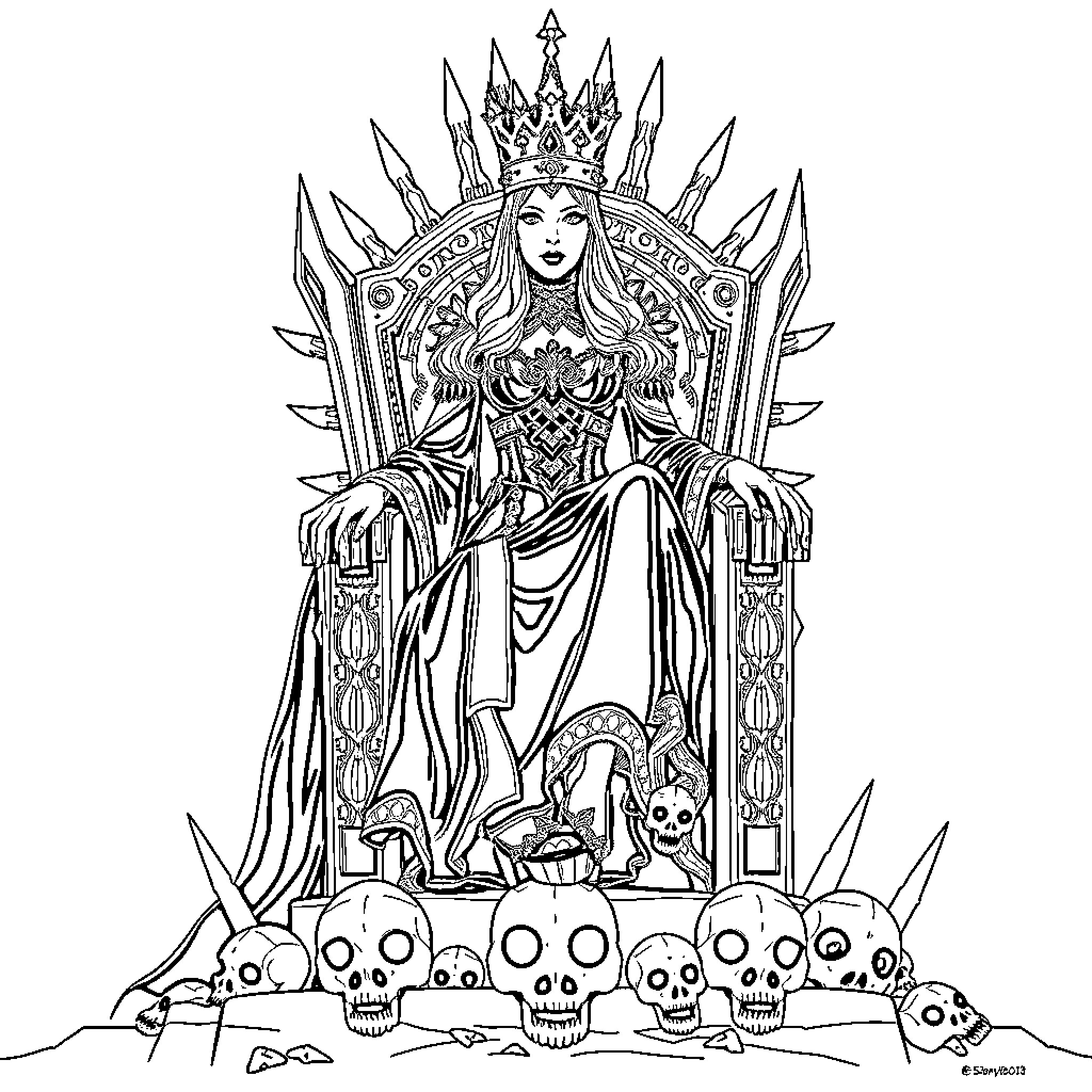 Queen seated on a throne surrounded by skulls Coloring Page (free black-and-white line drawing printable PDF for all, from beginners to advanced learners, including children, teens, adults, and seniors)