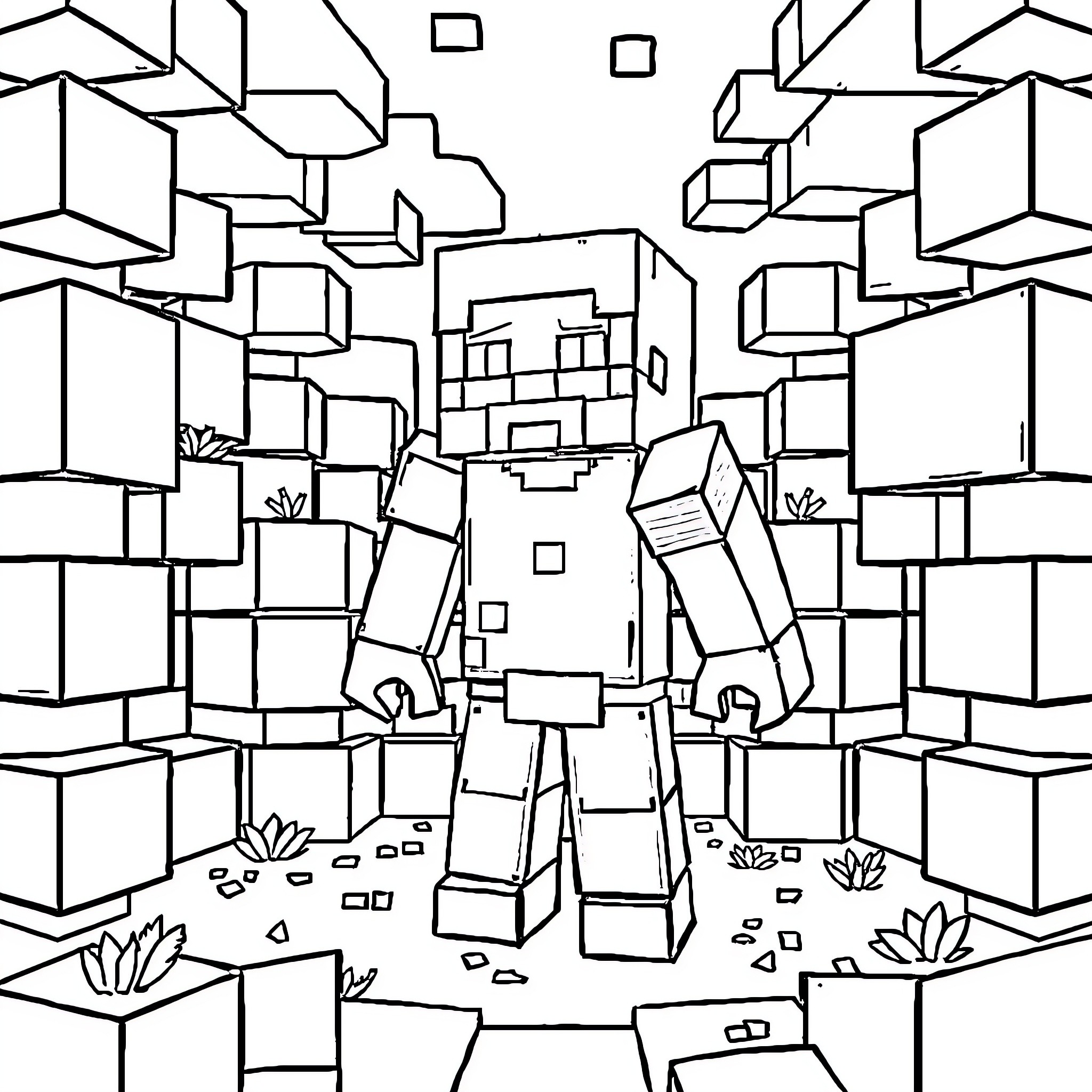 Minecraft Character exploring a cubic landscape Coloring Page (free black-and-white line drawing printable PDF for all, from beginners to advanced learners, including children, teens, adults, and seniors)