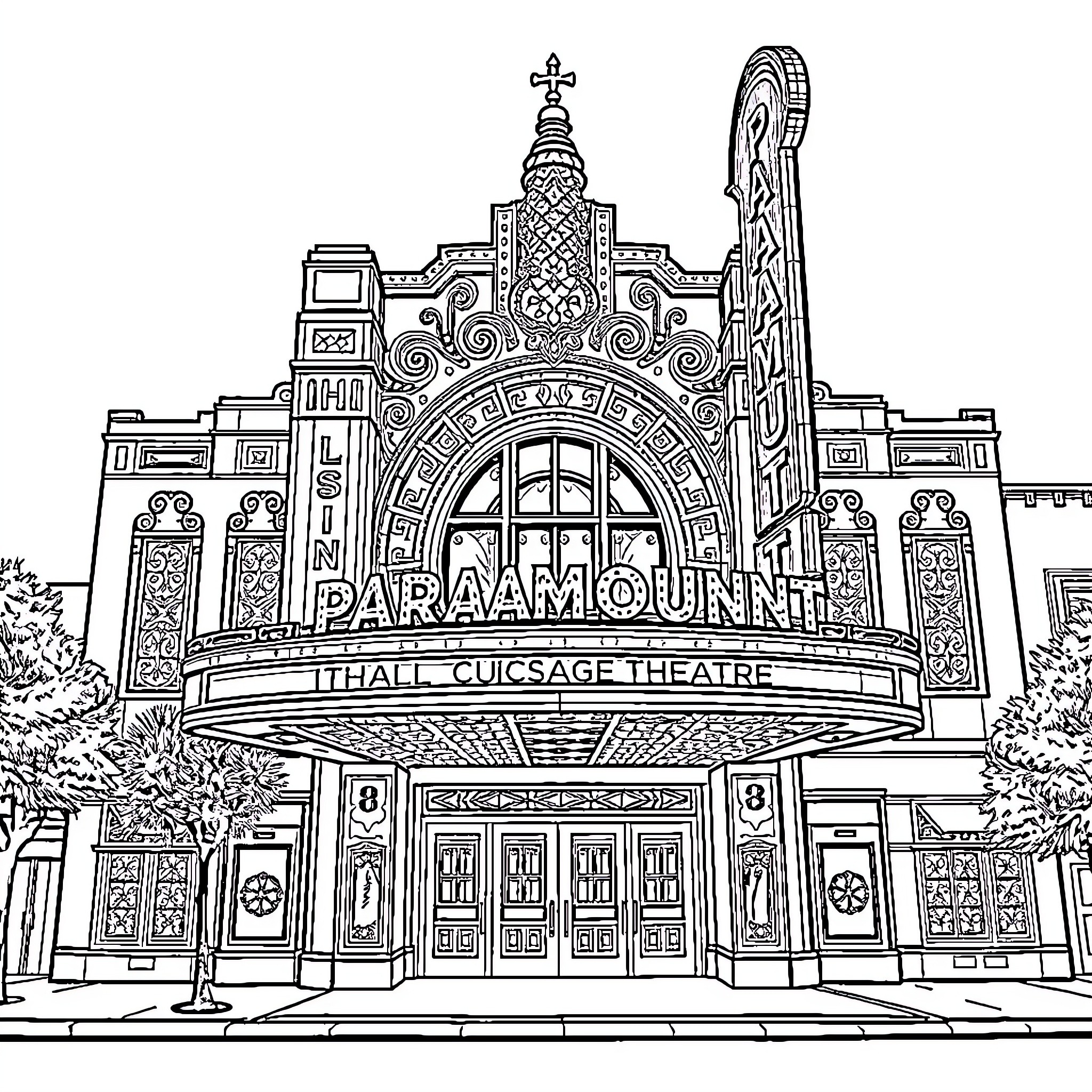 Theater's Ornate and Intricate Architectural Design Coloring Page (free black-and-white line drawing printable PDF for all, from beginners to advanced learners, including children, teens, adults, and seniors)