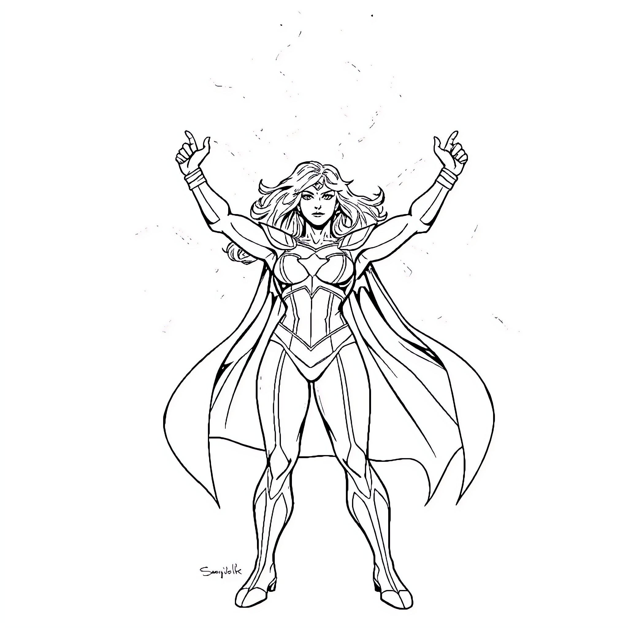 Sue Storm in heroic power pose Coloring Page (free black-and-white line drawing printable PDF for all, from beginners to advanced learners, including children, teens, adults, and seniors)