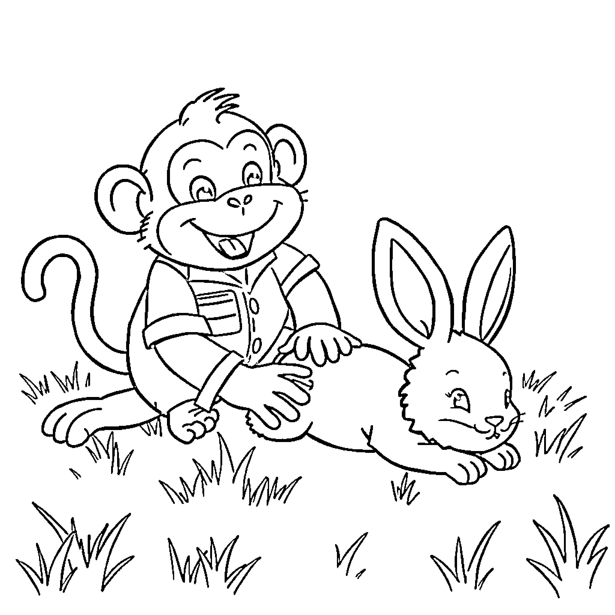 Monkey playing happily with a rabbit in a field Coloring Page (free black-and-white line drawing printable PDF for all, from beginners to advanced learners, including children, teens, adults, and seniors)