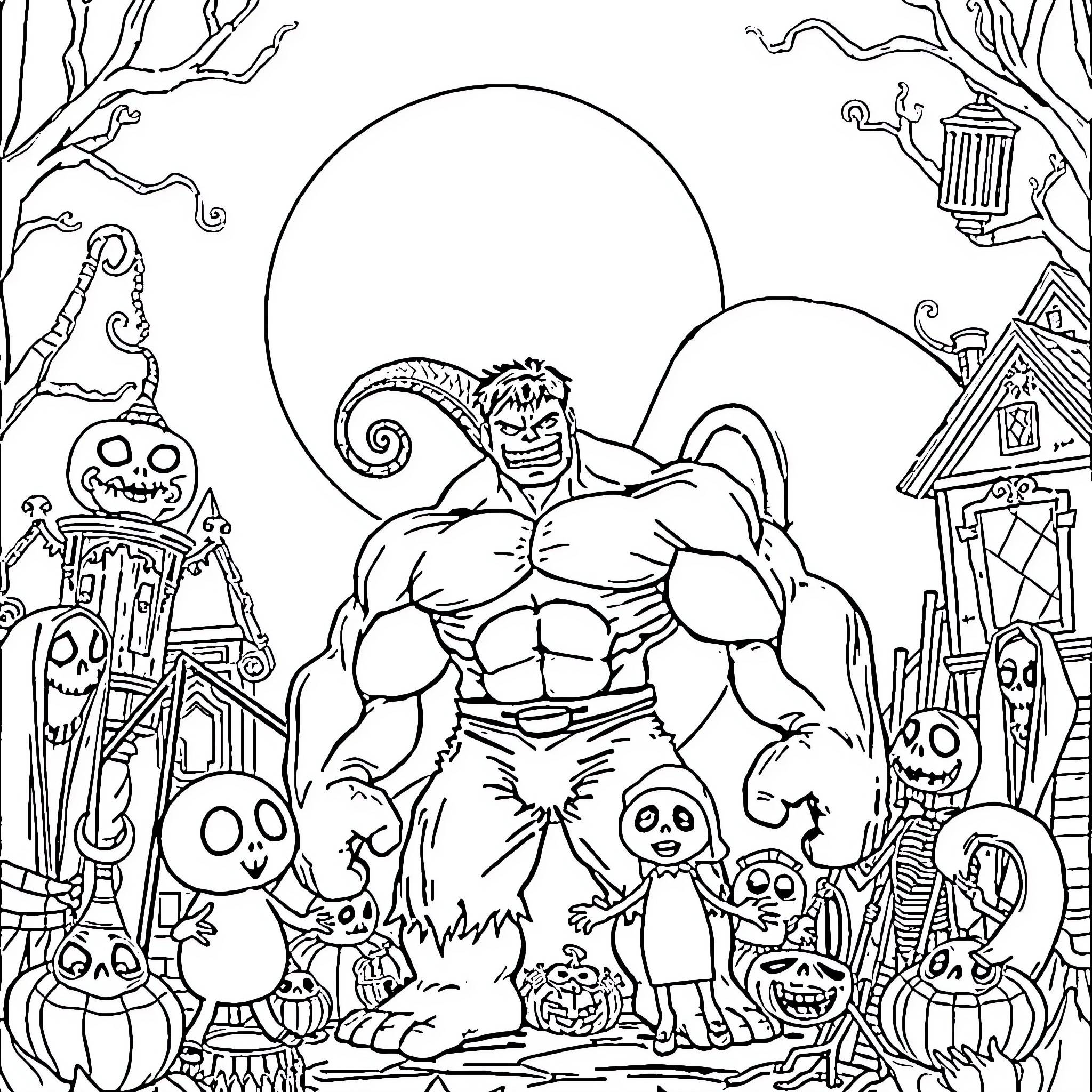 Hulk amidst spooky Halloween scenes and characters Coloring Page (free black-and-white line drawing printable PDF for all, from beginners to advanced learners, including children, teens, adults, and seniors)