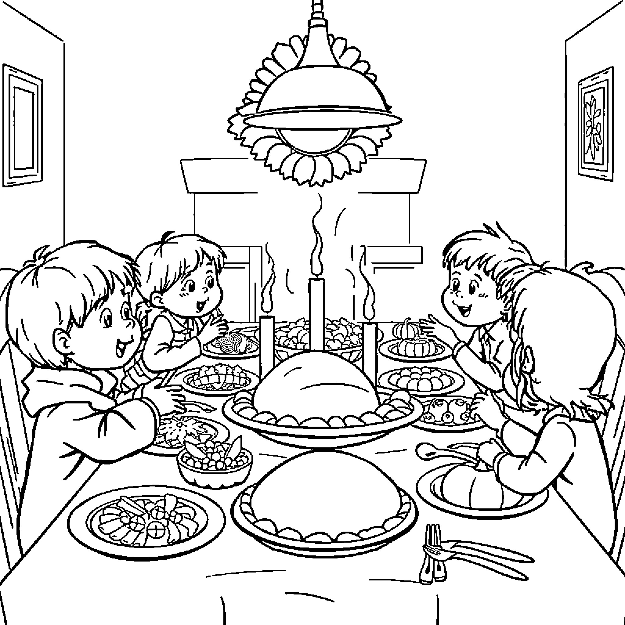 Kid's enjoyable family meal time Coloring Page (free black-and-white line drawing printable PDF for all, from beginners to advanced learners, including children, teens, adults, and seniors)