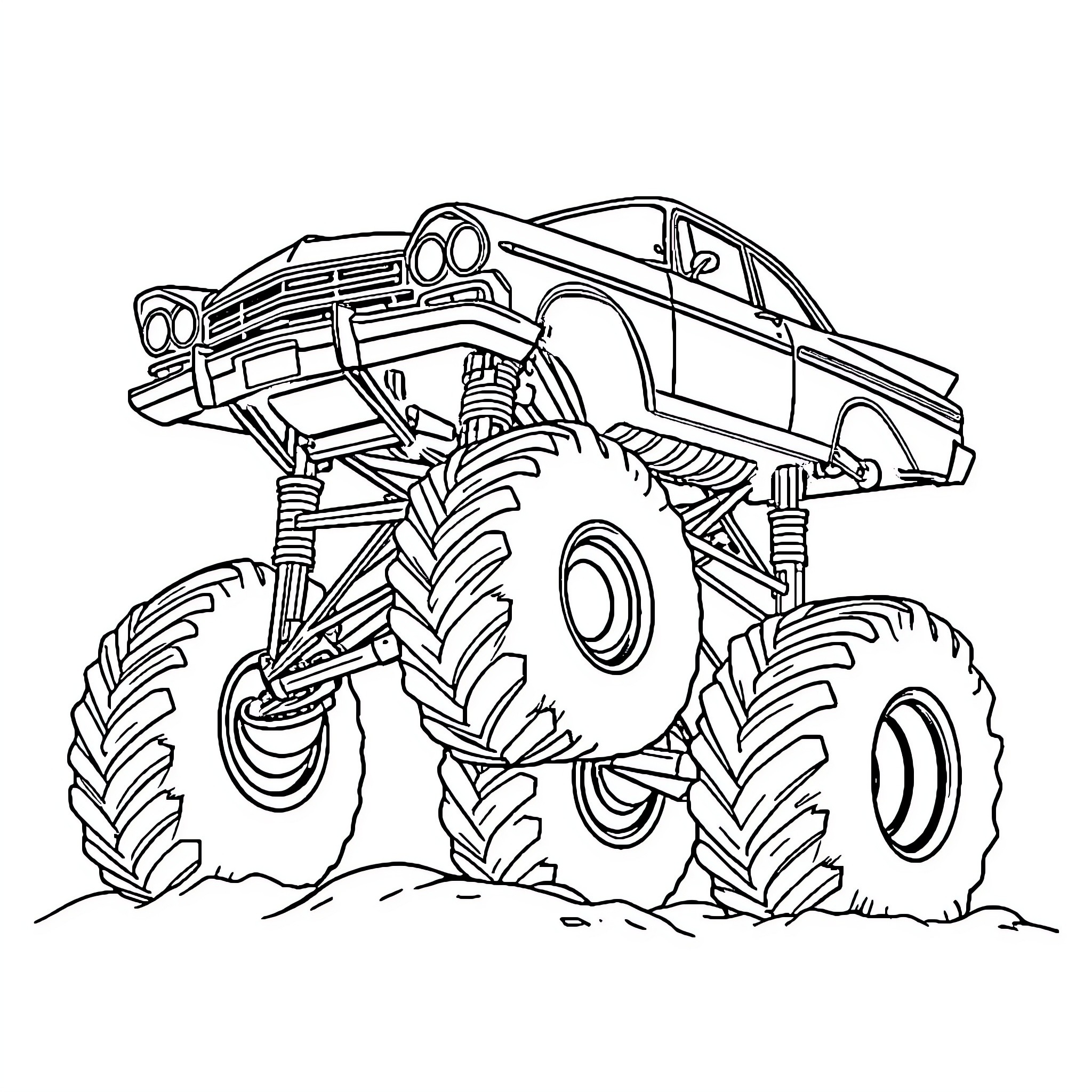 Car Monster Truck Crushing Terrain Coloring Page (free black-and-white line drawing printable PDF for all, from beginners to advanced learners, including children, teens, adults, and seniors)