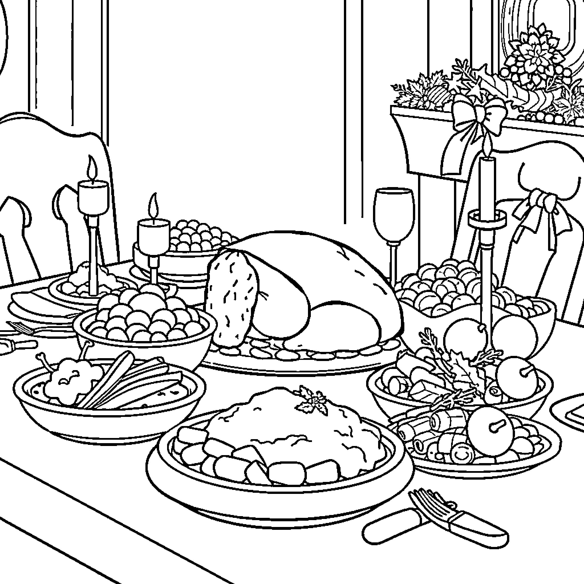Christmas Food Feast with Traditional Dishes Coloring Page (free black-and-white line drawing printable PDF for all, from beginners to advanced learners, including children, teens, adults, and seniors)