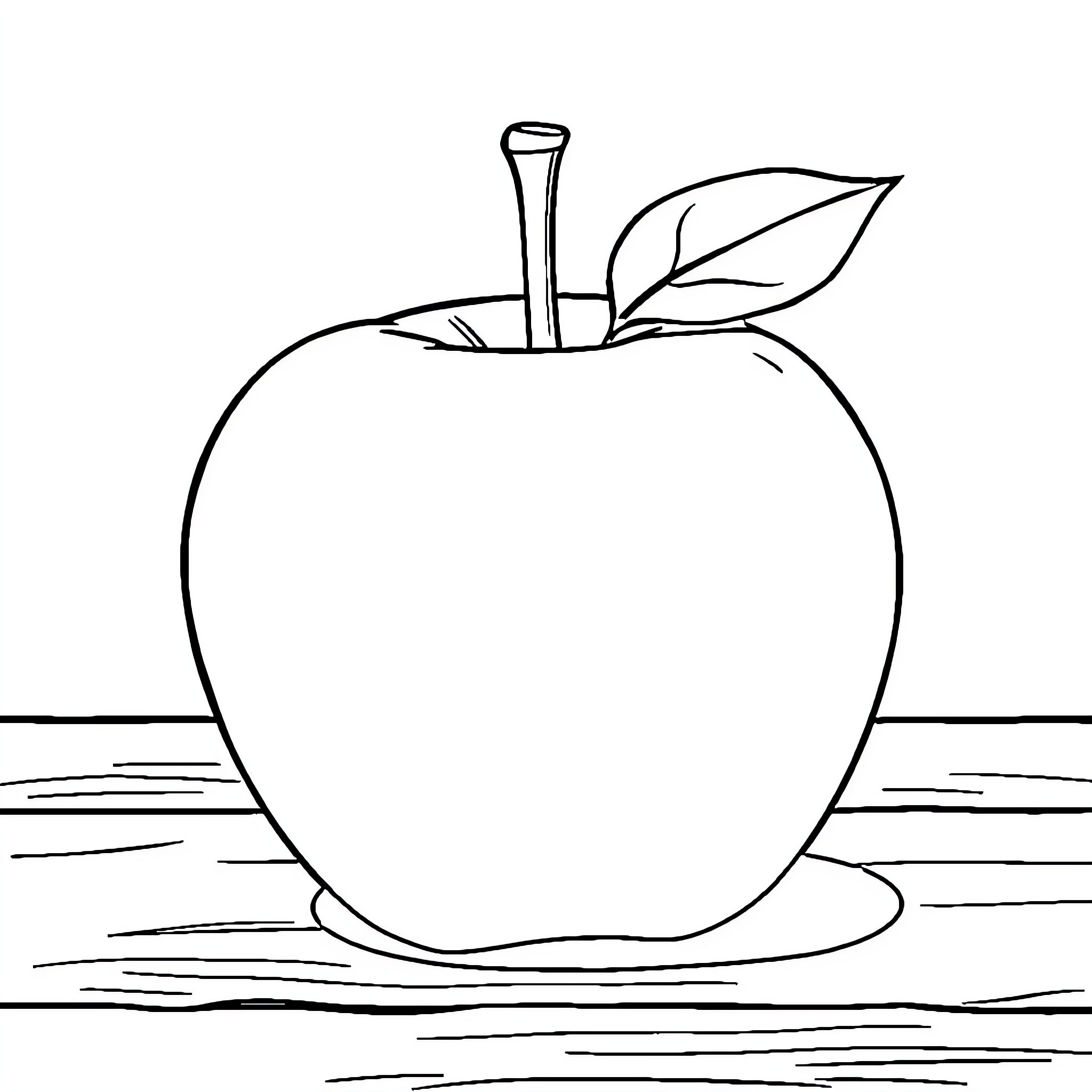 Apple in Outline on Wooden Surface Coloring Page (free black-and-white line drawing printable PDF for all, from beginners to advanced learners, including children, teens, adults, and seniors)