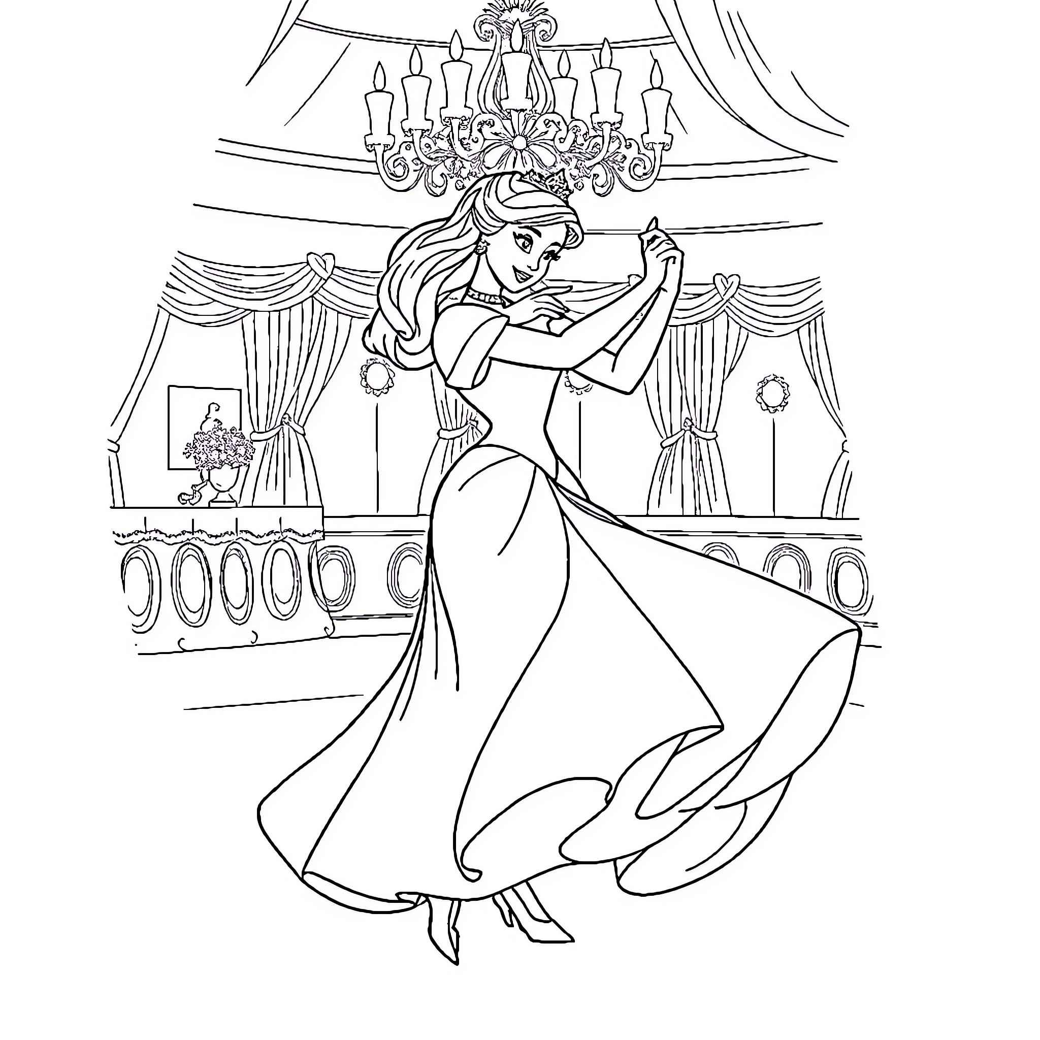 Disney Princess Dancing Gracefully in a Ballroom Coloring Page (free black-and-white line drawing printable PDF for all, from beginners to advanced learners, including children, teens, adults, and seniors)