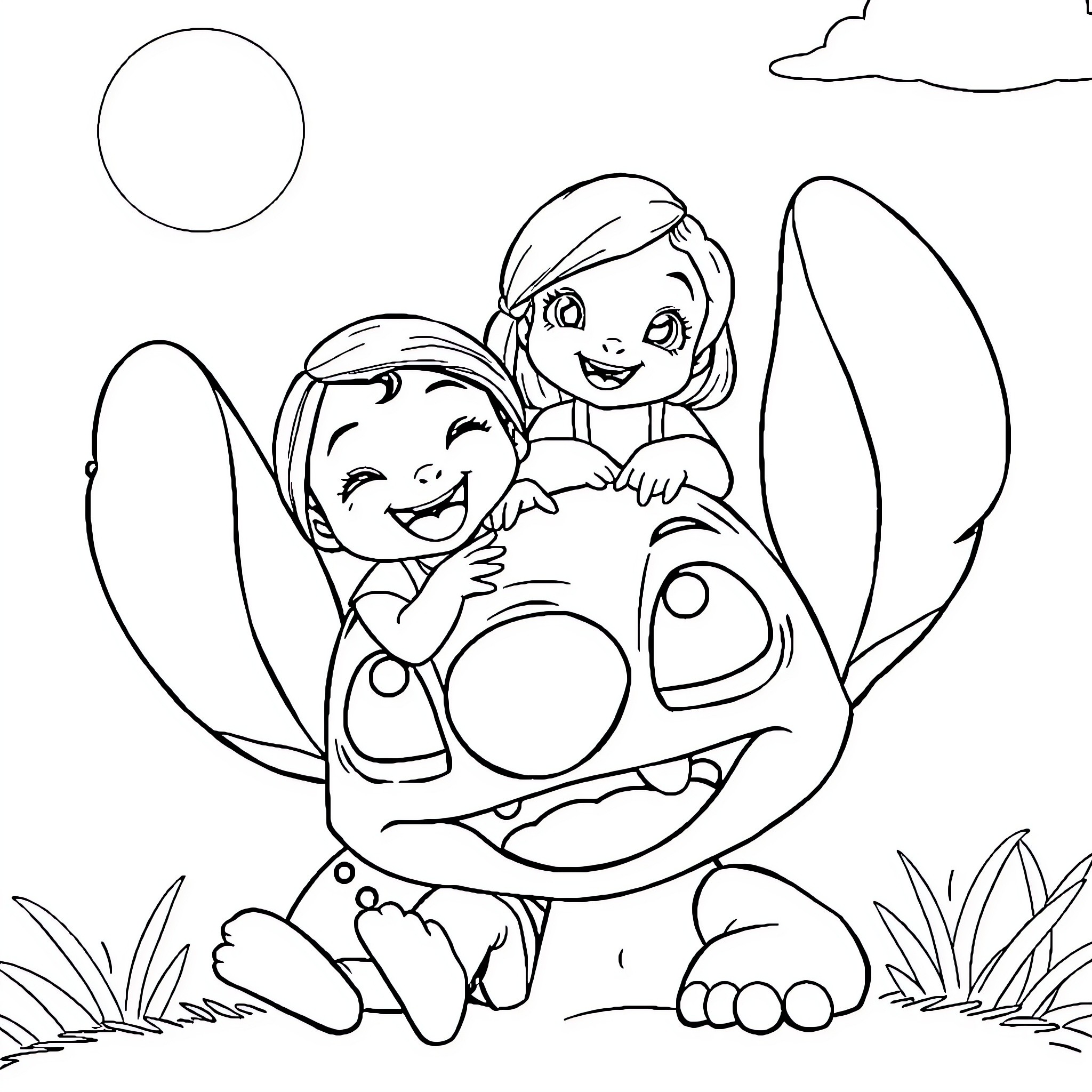 Lilo and Stitch playing happily in the park Coloring Page (free black-and-white line drawing printable PDF for all, from beginners to advanced learners, including children, teens, adults, and seniors)