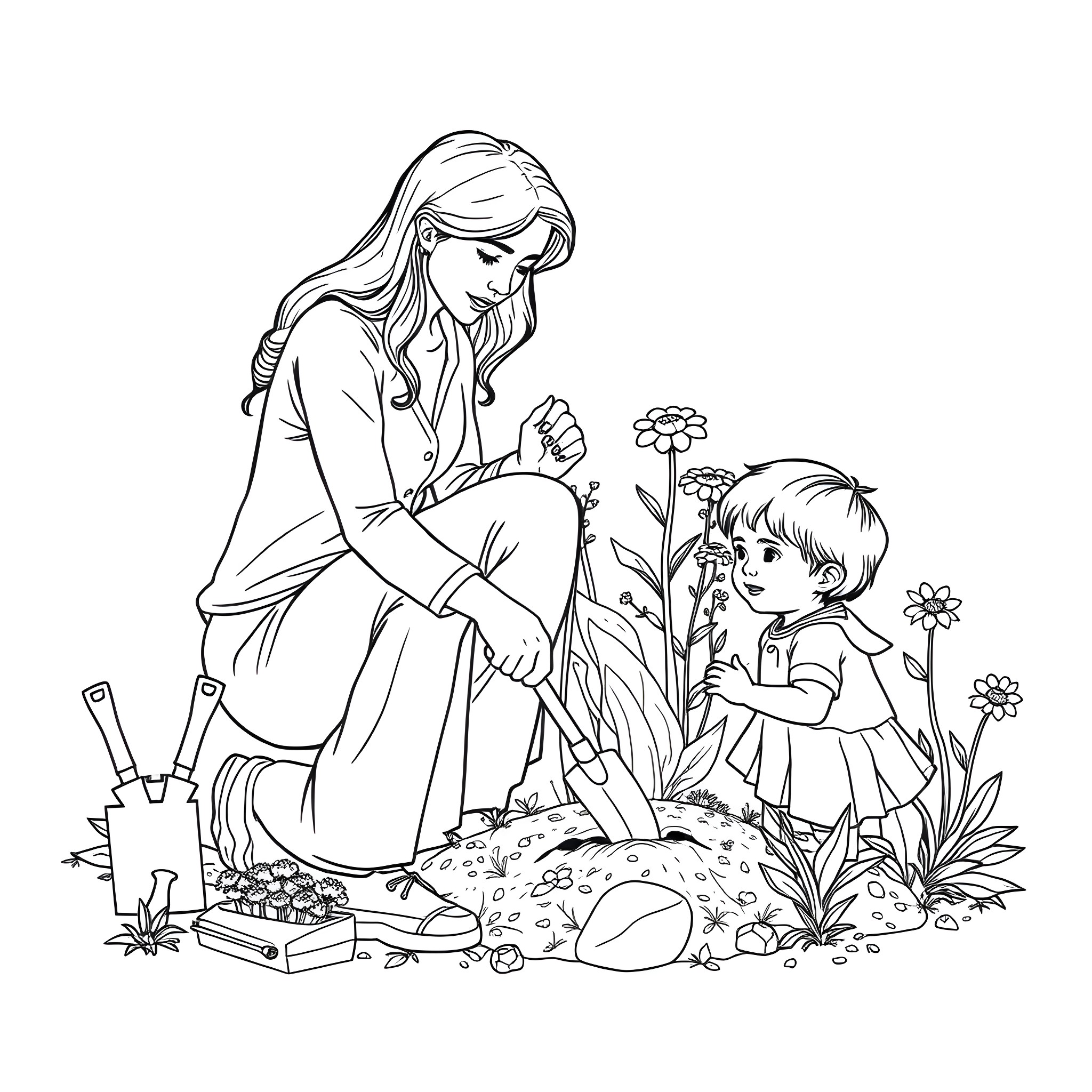 Mom and child gardening together in the yard Coloring Page (free black-and-white line drawing printable PDF for all, from beginners to advanced learners, including children, teens, adults, and seniors)