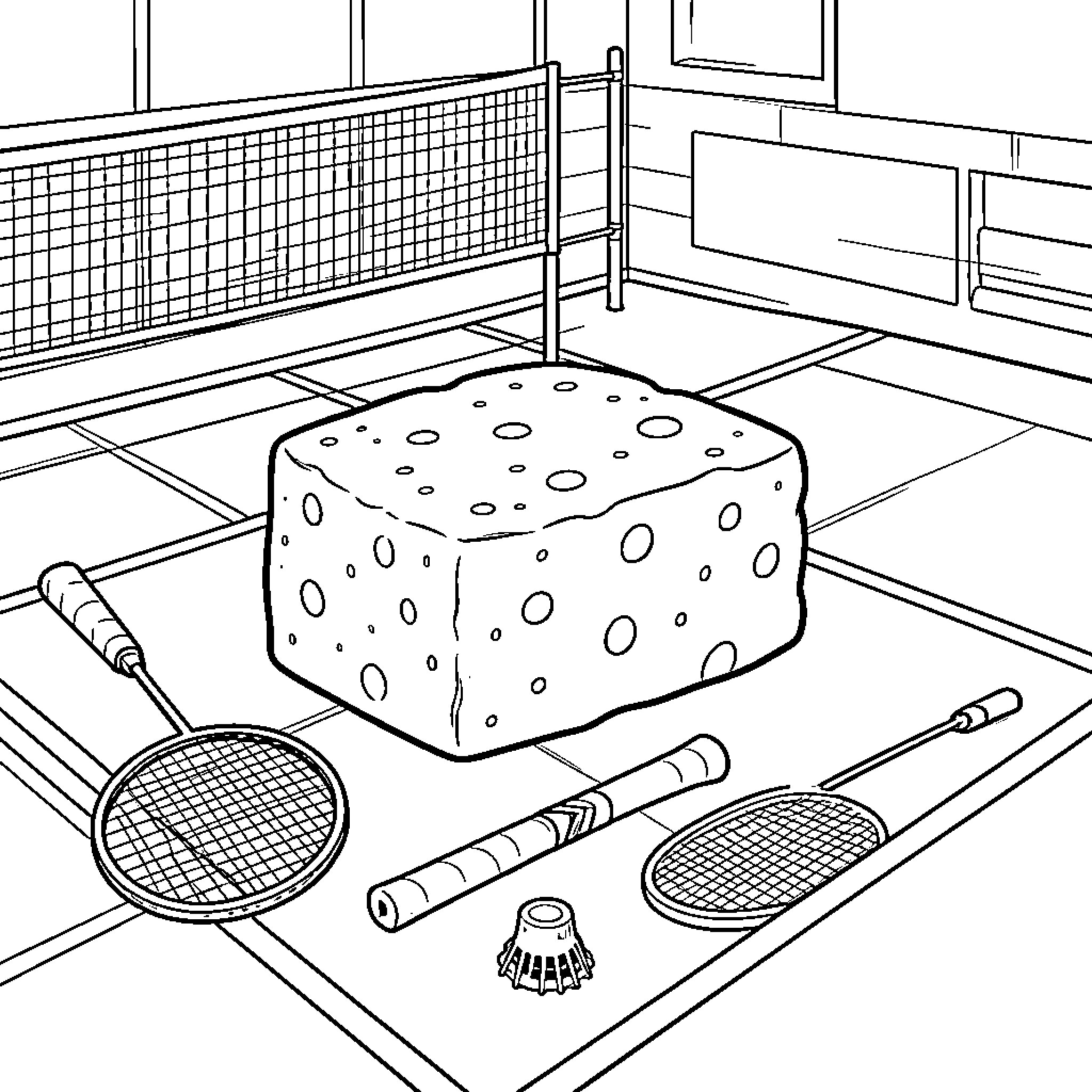 Gruyère sitting on a tennis court with sports equipment Coloring Page (free black-and-white line drawing printable PDF for all, from beginners to advanced learners, including children, teens, adults, and seniors)