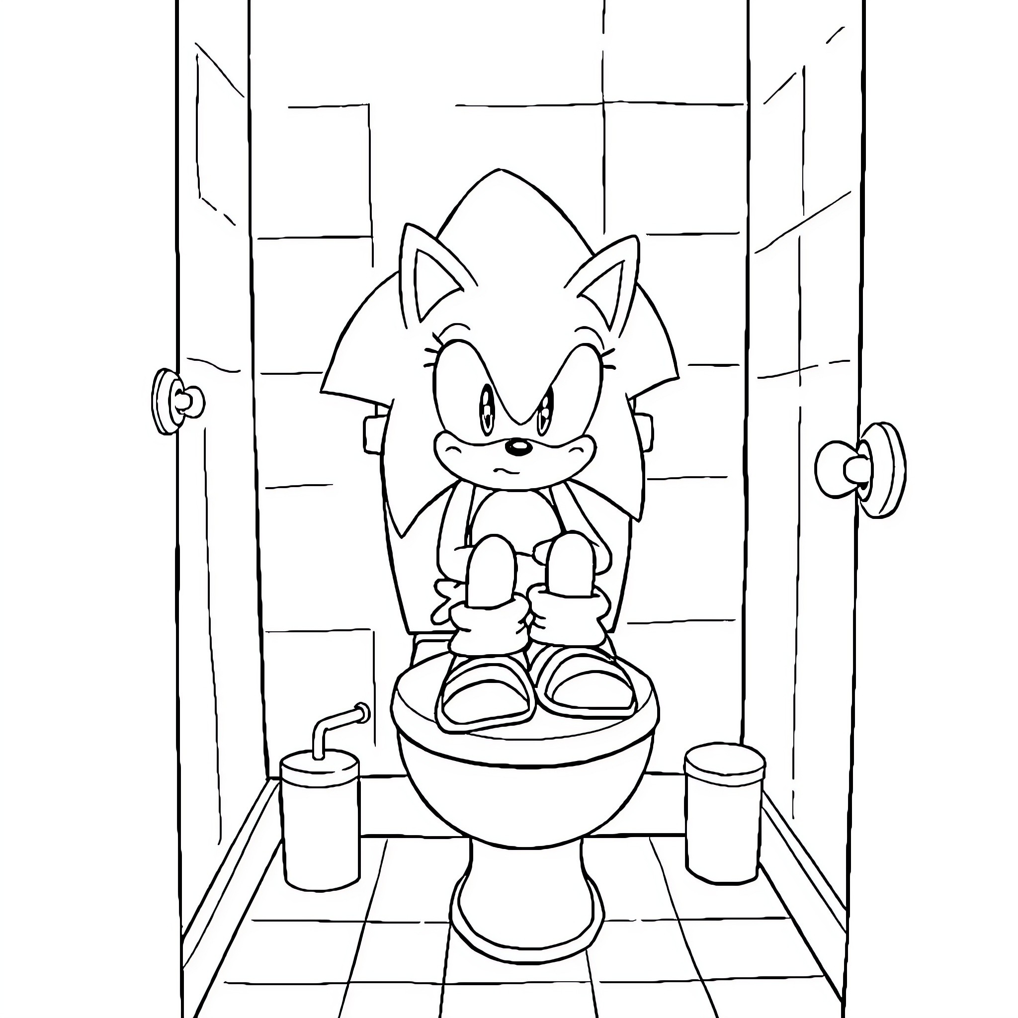 Sonic's Amusing Bathroom Adventure Coloring Page (free black-and-white line drawing printable PDF for all, from beginners to advanced learners, including children, teens, adults, and seniors)