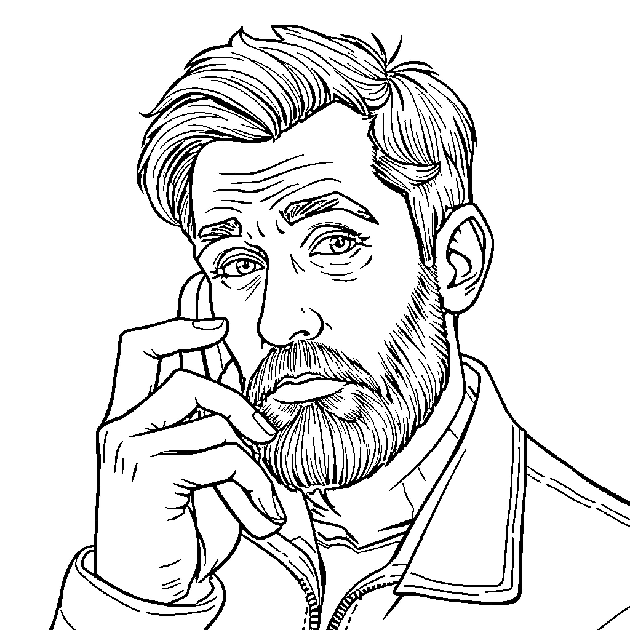 Человек в задумчивом выражении лица с бородой Coloring Page (free black-and-white line drawing printable PDF for all, from beginners to advanced learners, including children, teens, adults, and seniors)