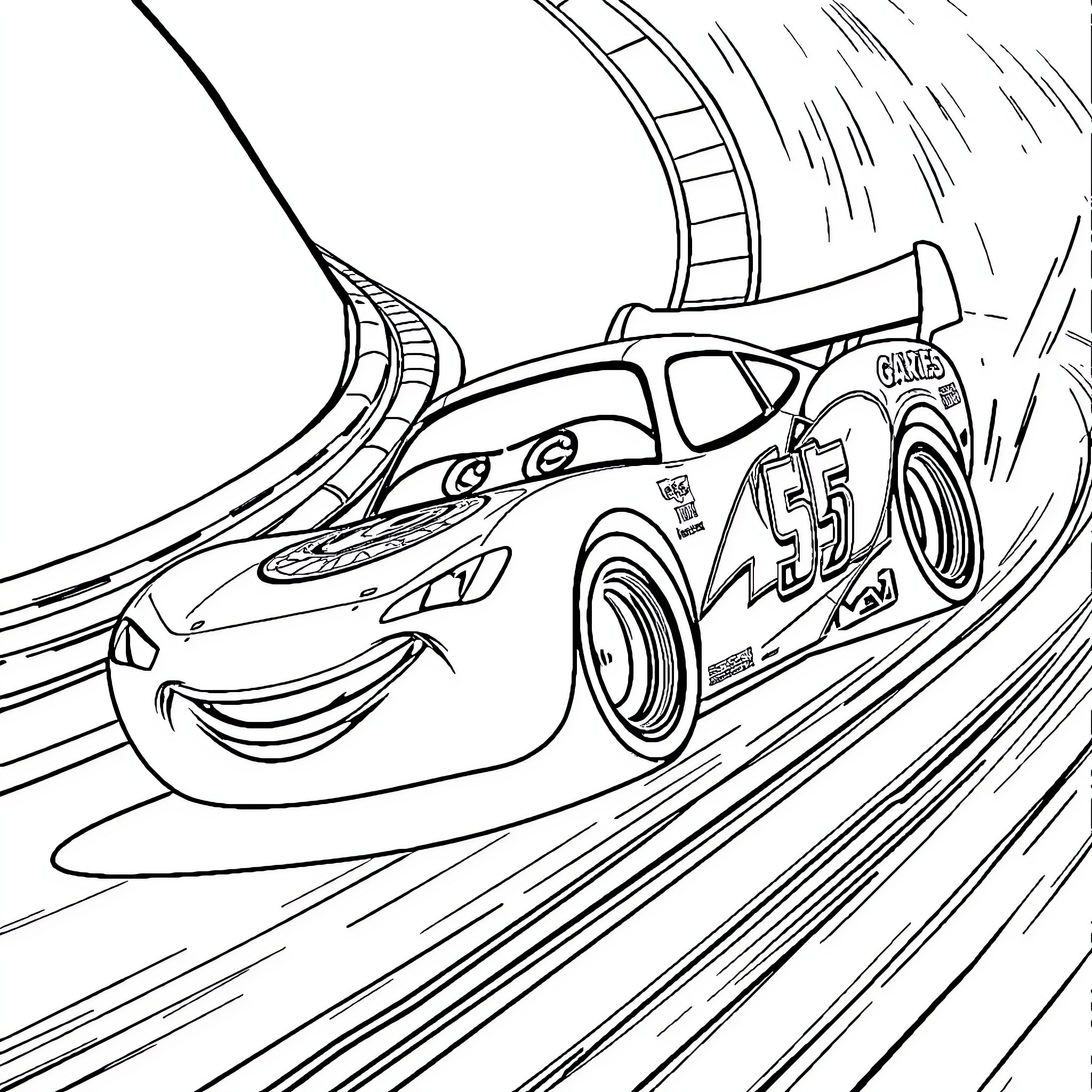 Lightning McQueen speeding on the race track Coloring Page (free black-and-white line drawing printable PDF for all, from beginners to advanced learners, including children, teens, adults, and seniors)