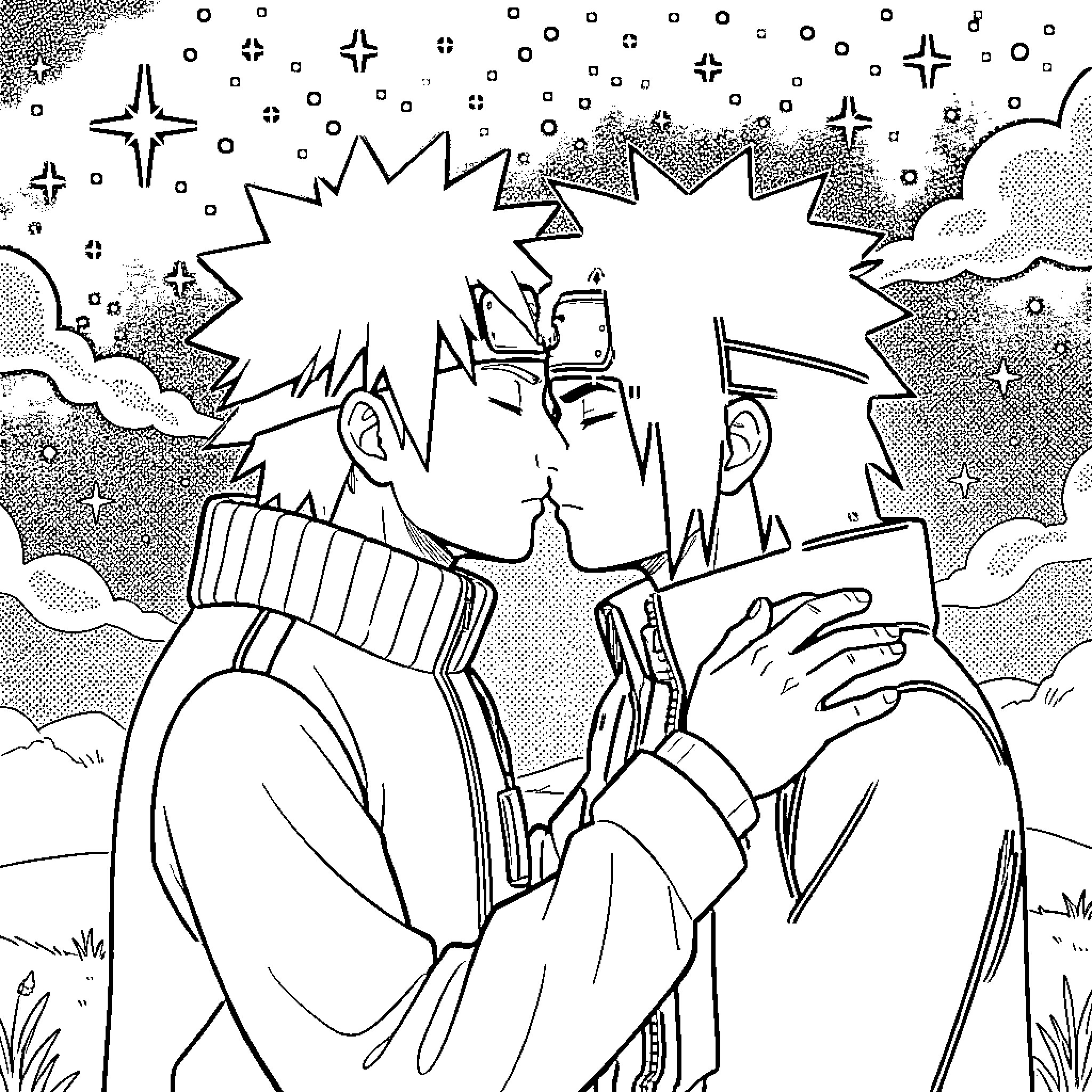 Naruto characters in dynamic action scene Coloring Page (free black-and-white line drawing printable PDF for all, from beginners to advanced learners, including children, teens, adults, and seniors)