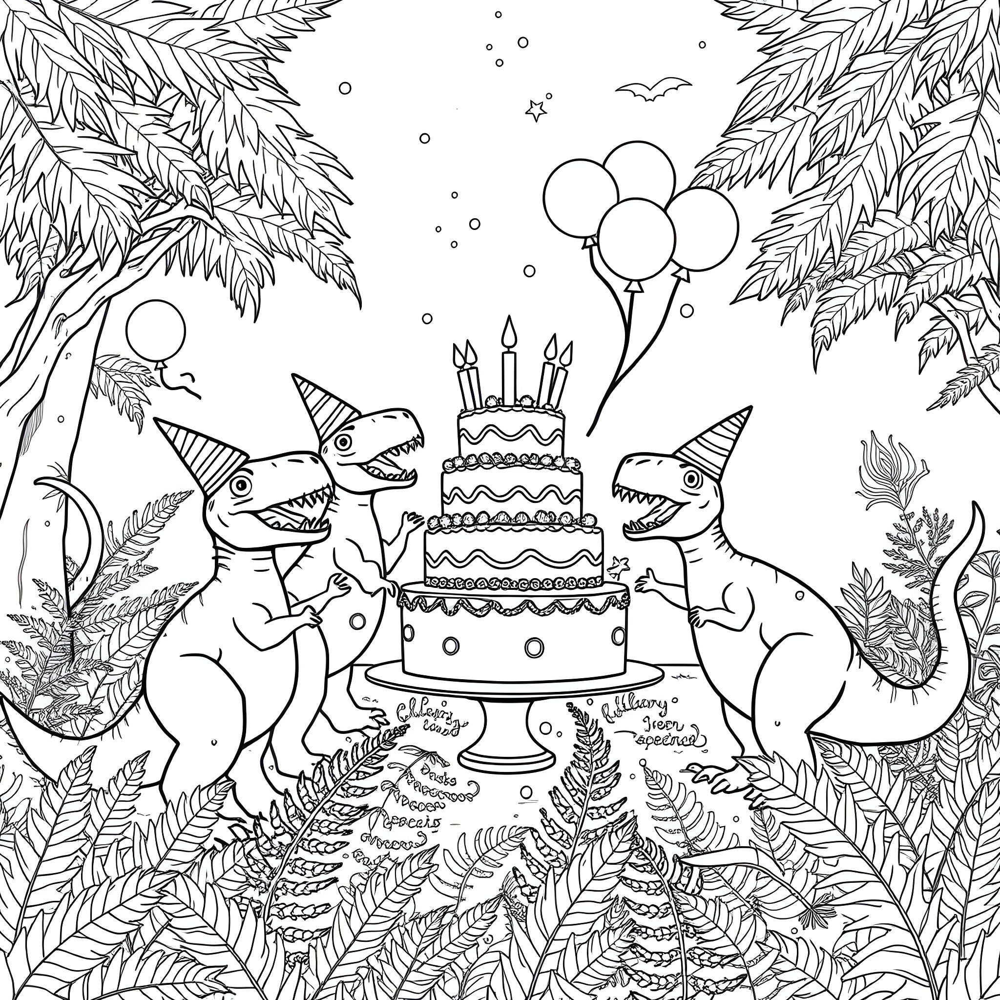 Dinosaur birthday party in the jungle Coloring Page (free black-and-white line drawing printable PDF for all, from beginners to advanced learners, including children, teens, adults, and seniors)