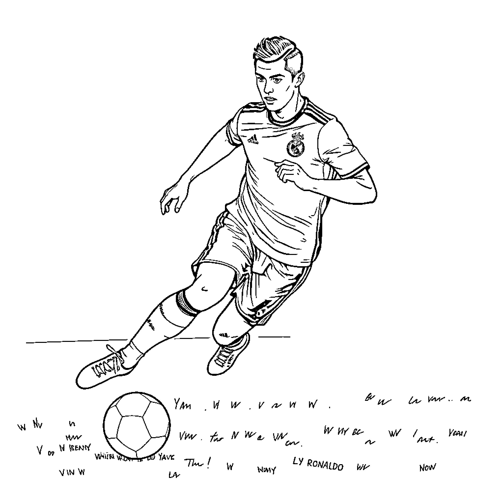 Cristiano Ronaldo in action, kicking a soccer ball Coloring Page (free black-and-white line drawing printable PDF for all, from beginners to advanced learners, including children, teens, adults, and seniors)