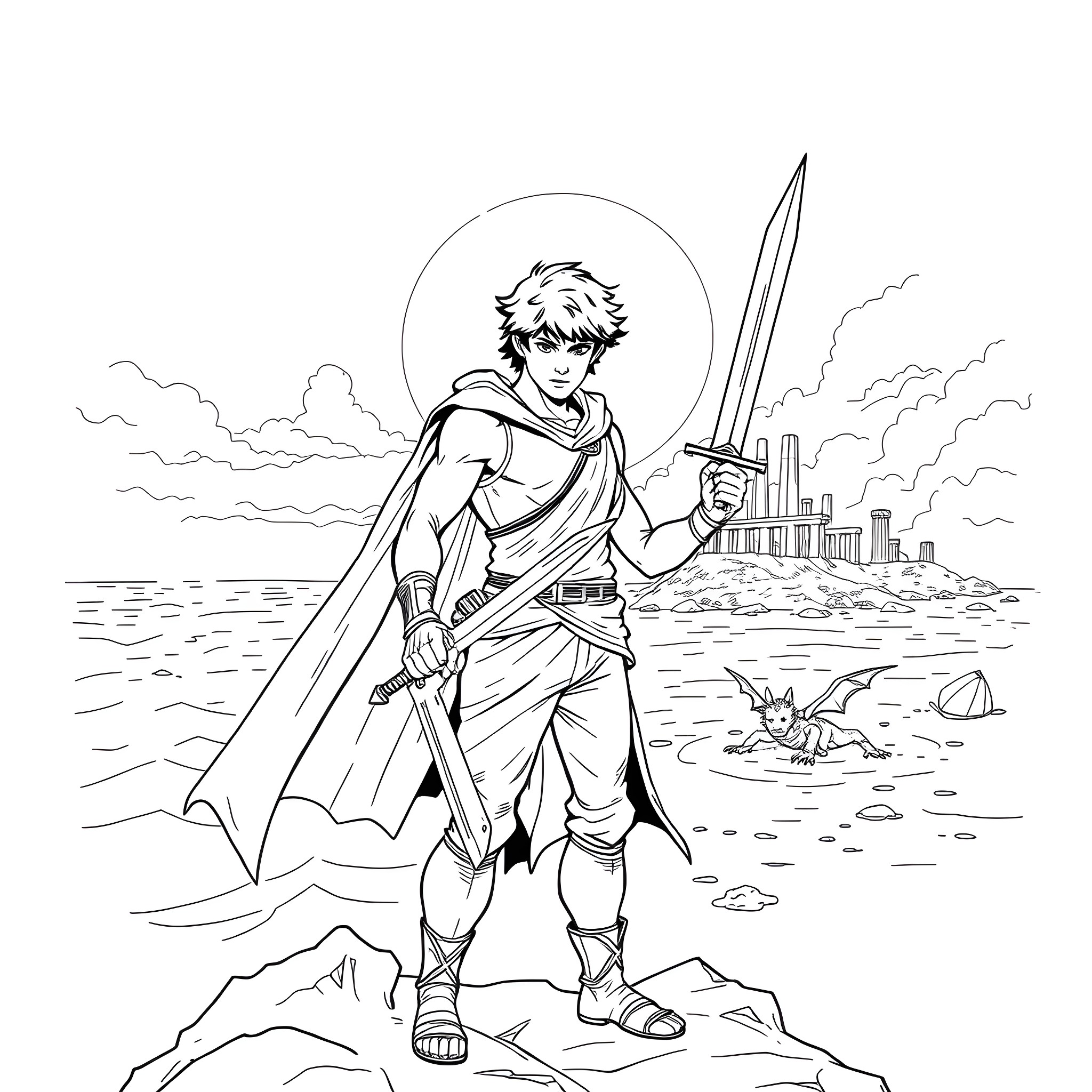 Percy Jackson's Heroic Adventure on the Shores Coloring Page (free black-and-white line drawing printable PDF for all, from beginners to advanced learners, including children, teens, adults, and seniors)