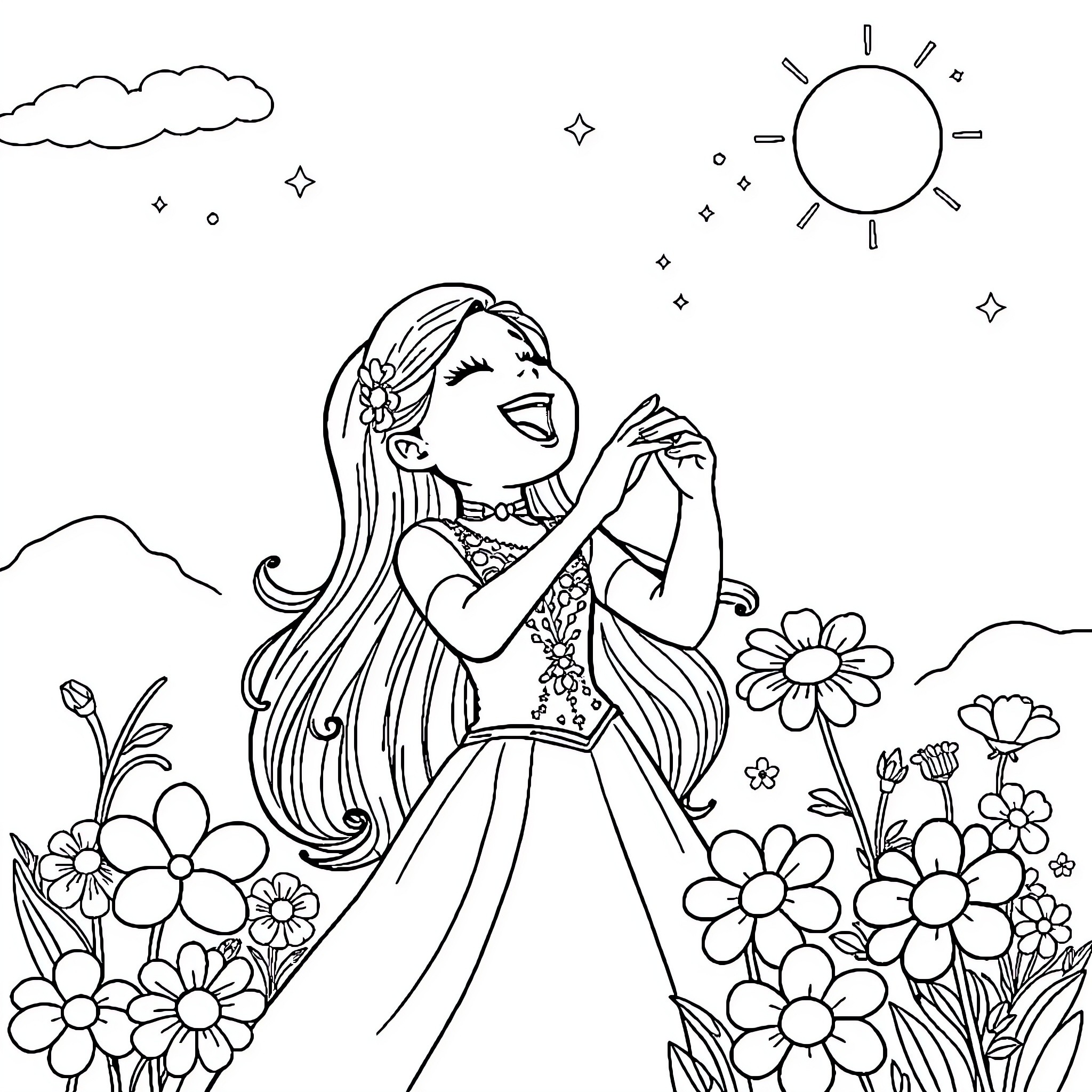 Isabella's Joyful Day in the Flower Garden Coloring Page (free black-and-white line drawing printable PDF for all, from beginners to advanced learners, including children, teens, adults, and seniors)