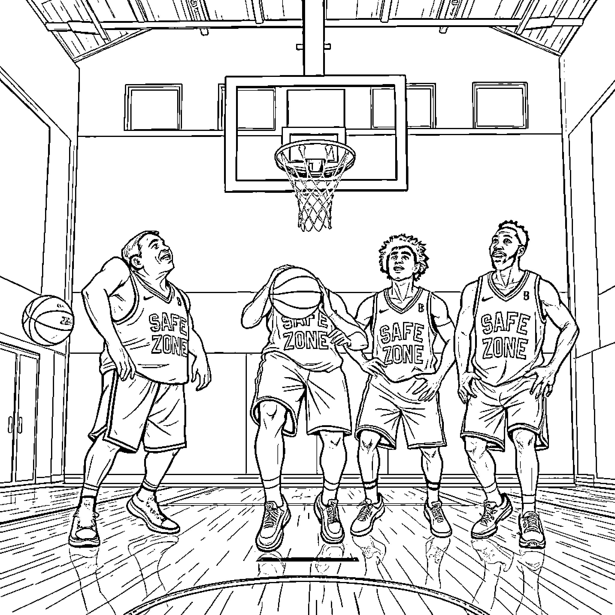Basketball players in action on the court Coloring Page (free black-and-white line drawing printable PDF for all, from beginners to advanced learners, including children, teens, adults, and seniors)