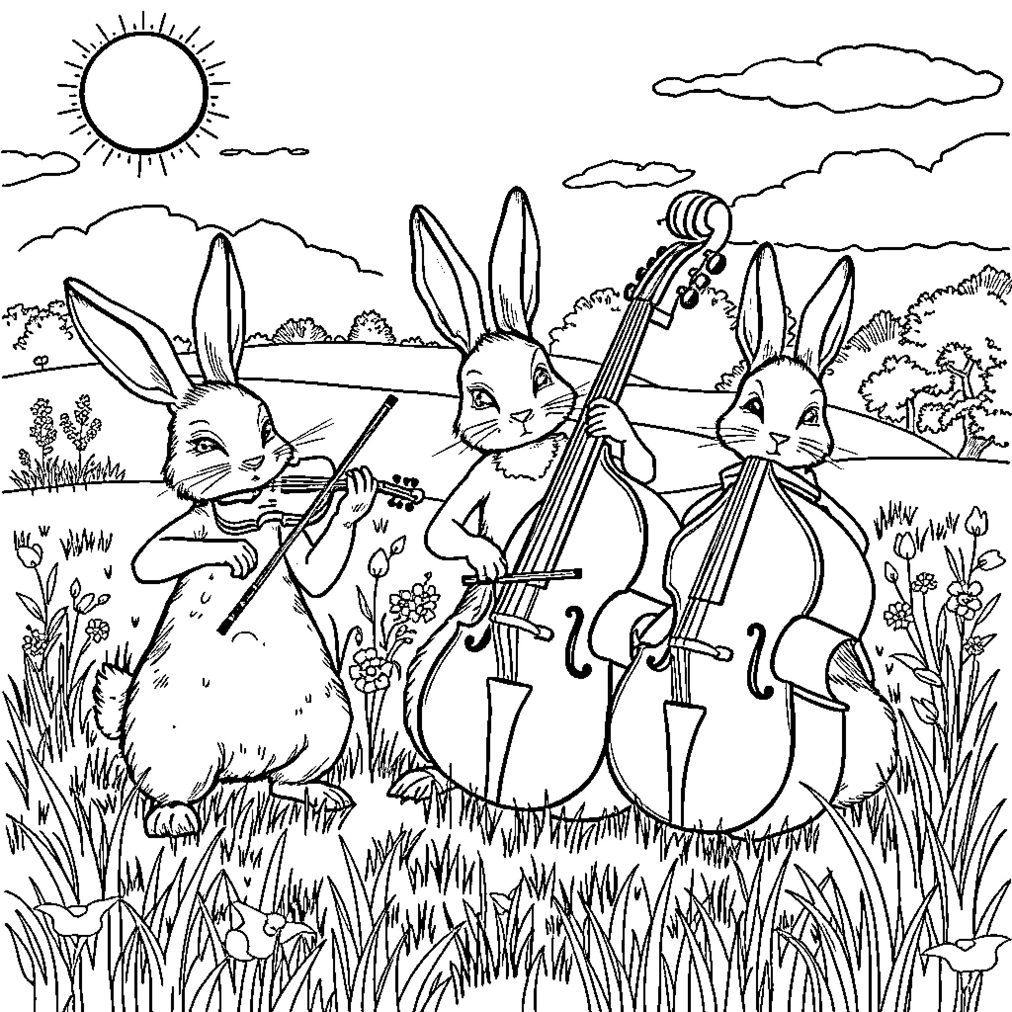 Rabbit musicians playing instruments in nature Coloring Page (free black-and-white line drawing printable PDF for all, from beginners to advanced learners, including children, teens, adults, and seniors)