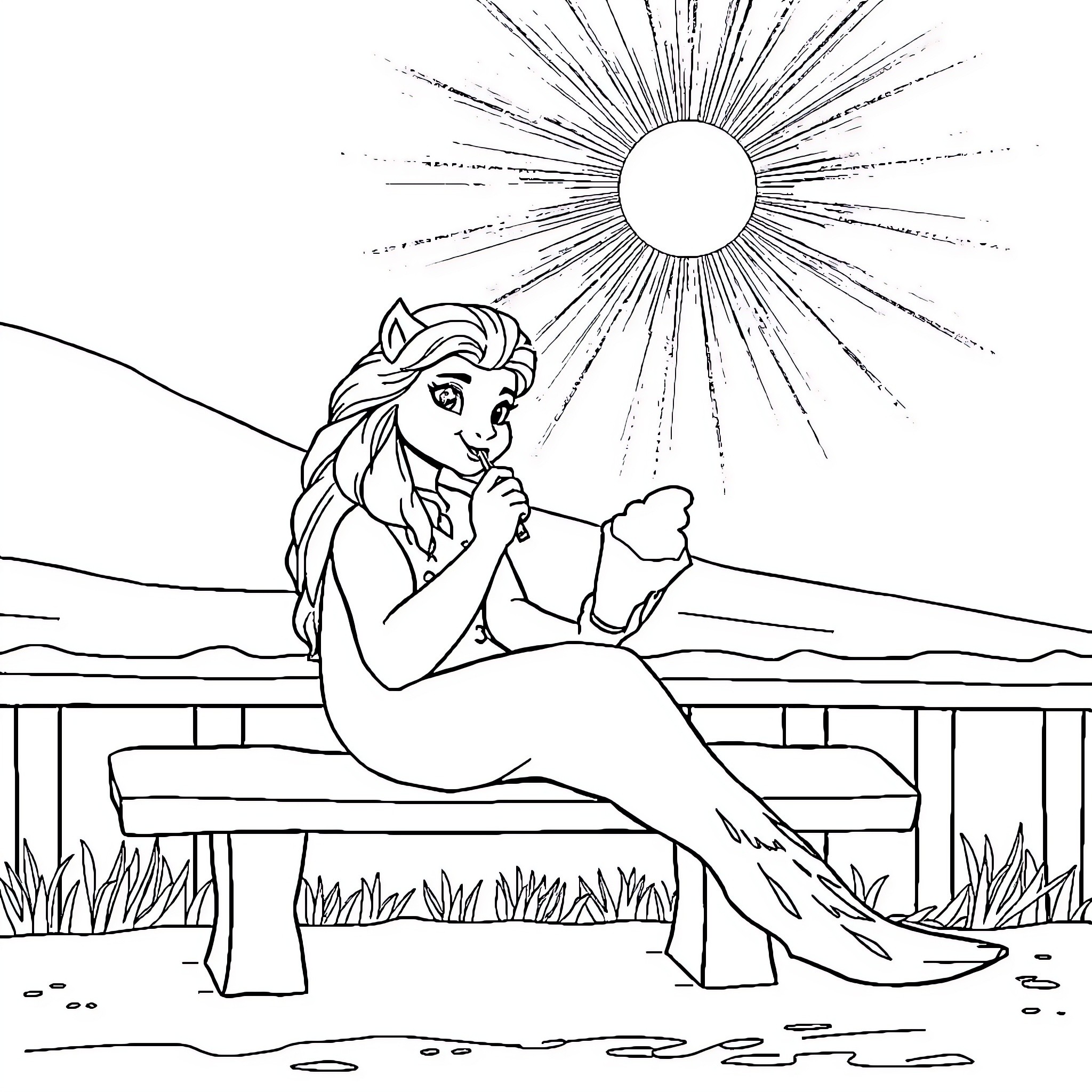 Queen of the Sea Relaxing in Sunlight Coloring Page (free black-and-white line drawing printable PDF for all, from beginners to advanced learners, including children, teens, adults, and seniors)