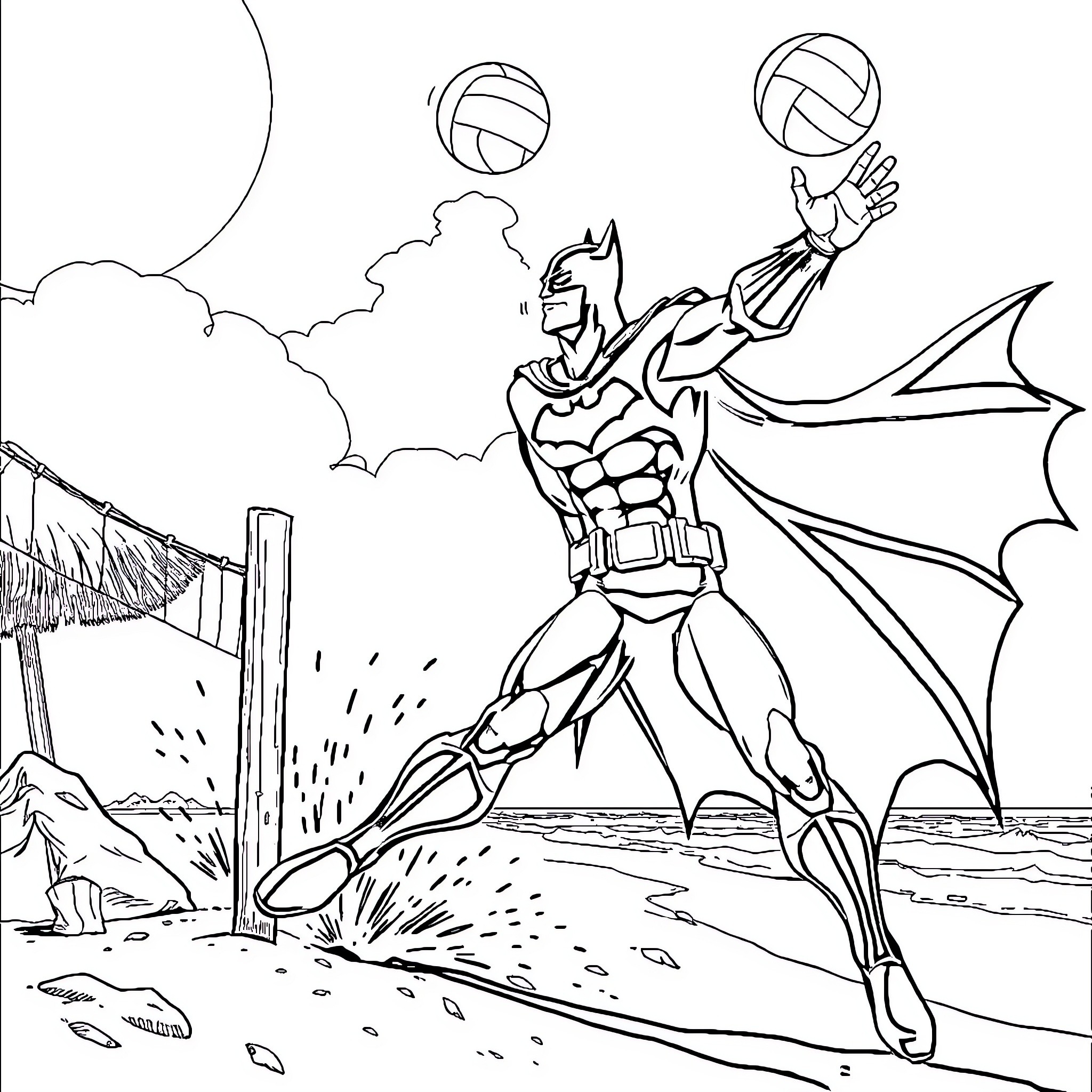 Batman Volleying Balls in the Desert Coloring Page (free black-and-white line drawing printable PDF for all, from beginners to advanced learners, including children, teens, adults, and seniors)