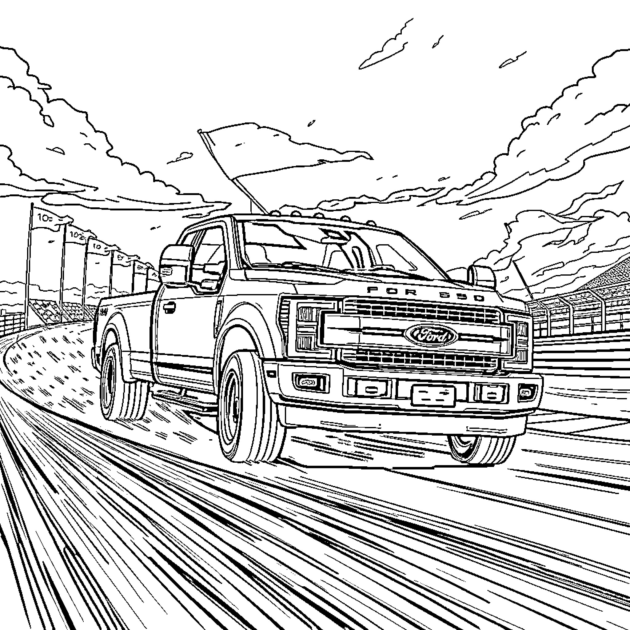 Ford F250 truck speeding down the highway Coloring Page (free black-and-white line drawing printable PDF for all, from beginners to advanced learners, including children, teens, adults, and seniors)