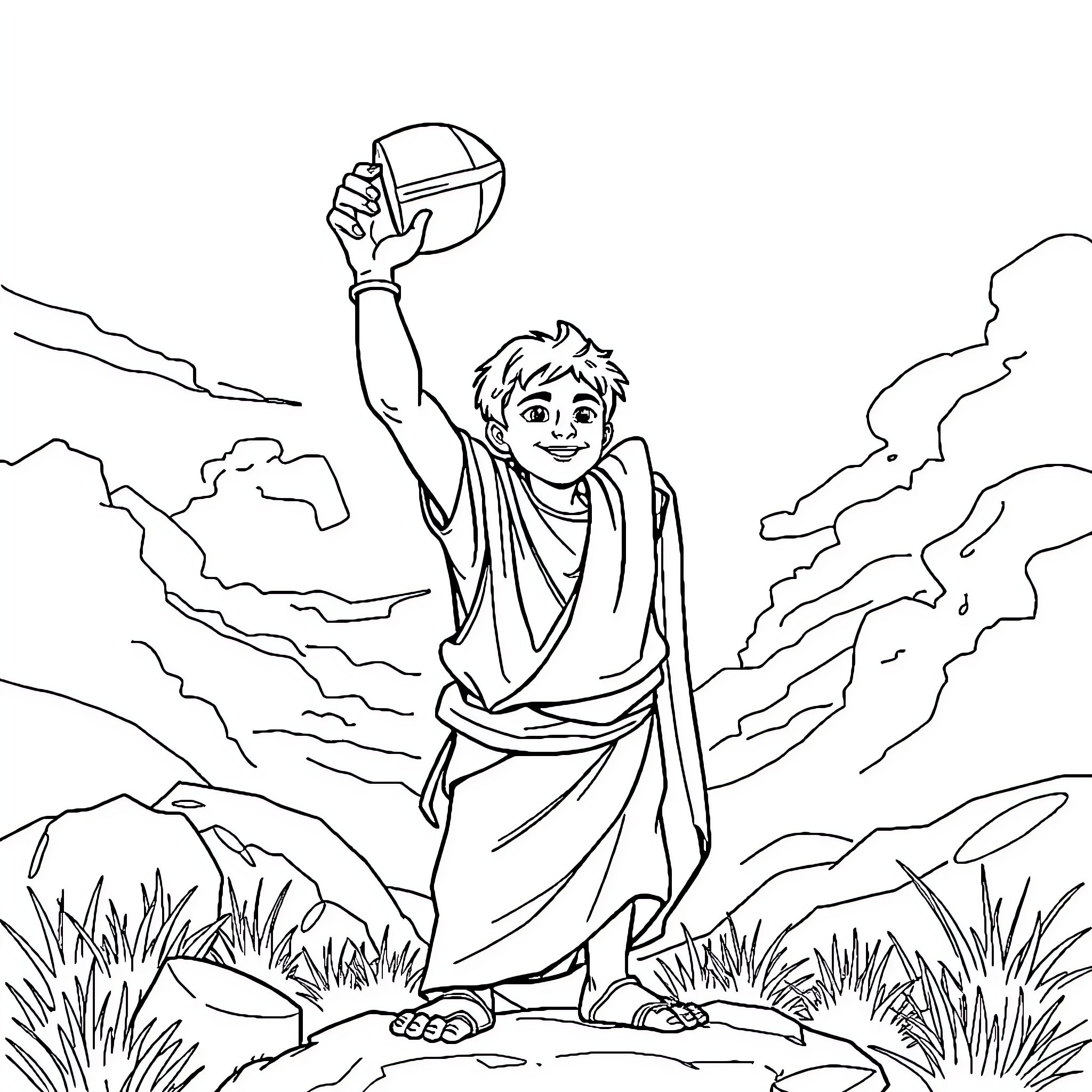 David Triumphantly Raising the Stone Against Goliath Coloring Page (free black-and-white line drawing printable PDF for all, from beginners to advanced learners, including children, teens, adults, and seniors)