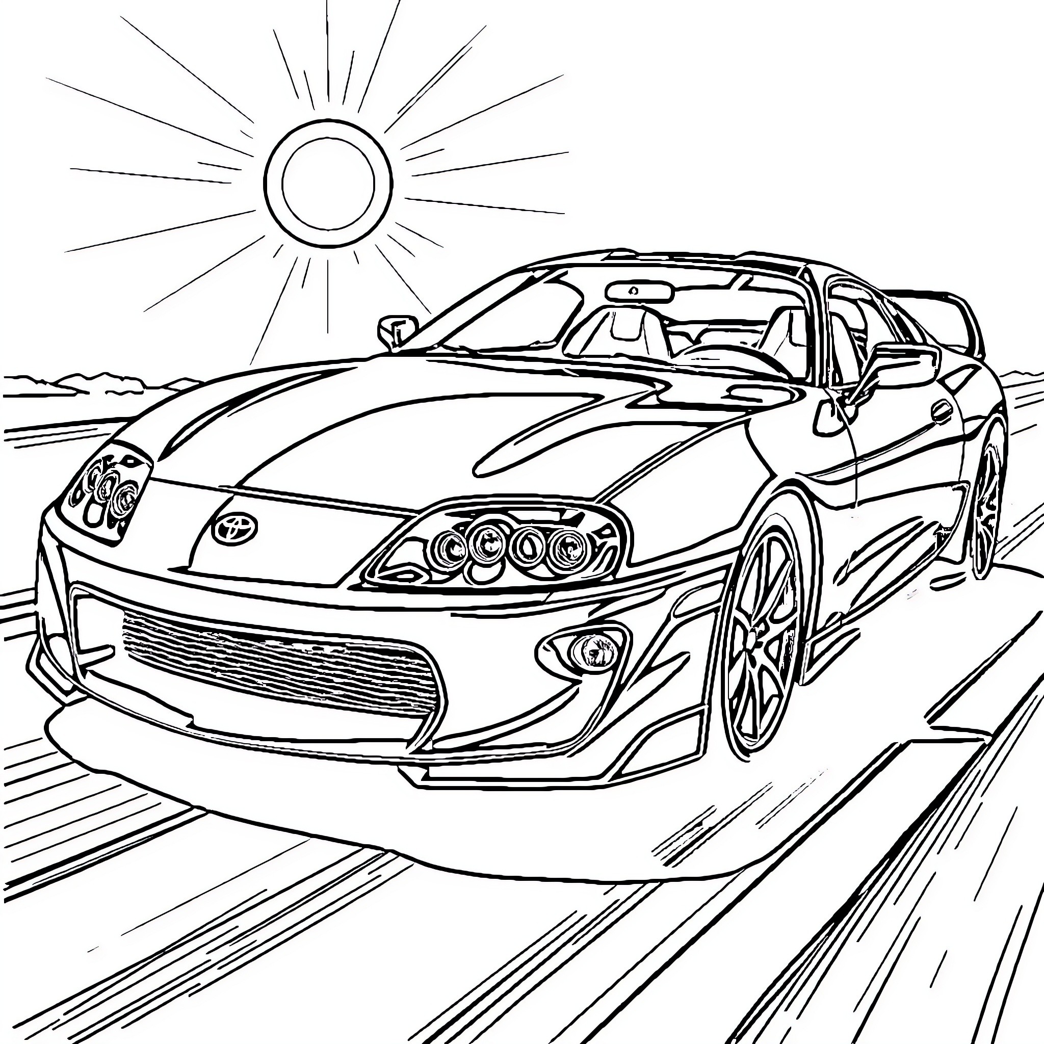 Supra sports car racing under the sun Coloring Page (free black-and-white line drawing printable PDF for all, from beginners to advanced learners, including children, teens, adults, and seniors)