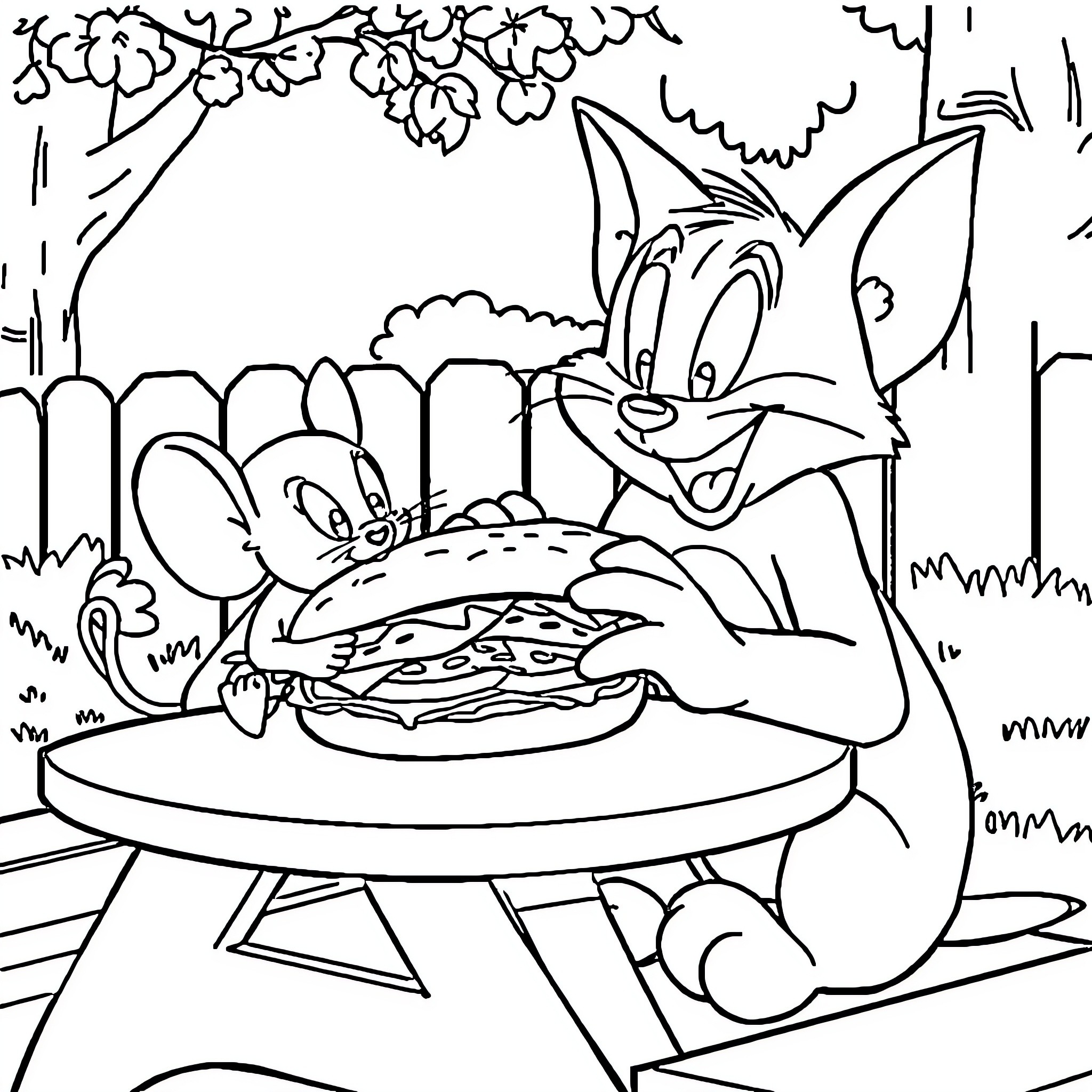 Tom and Jerry enjoying a picnic in the forest Coloring Page (free black-and-white line drawing printable PDF for all, from beginners to advanced learners, including children, teens, adults, and seniors)