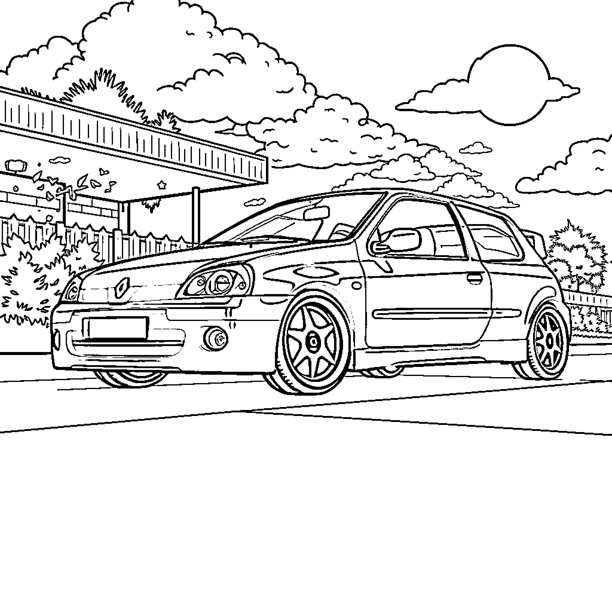 Car parked on the street with cloudy sky Coloring Page (free black-and-white line drawing printable PDF for all, from beginners to advanced learners, including children, teens, adults, and seniors)