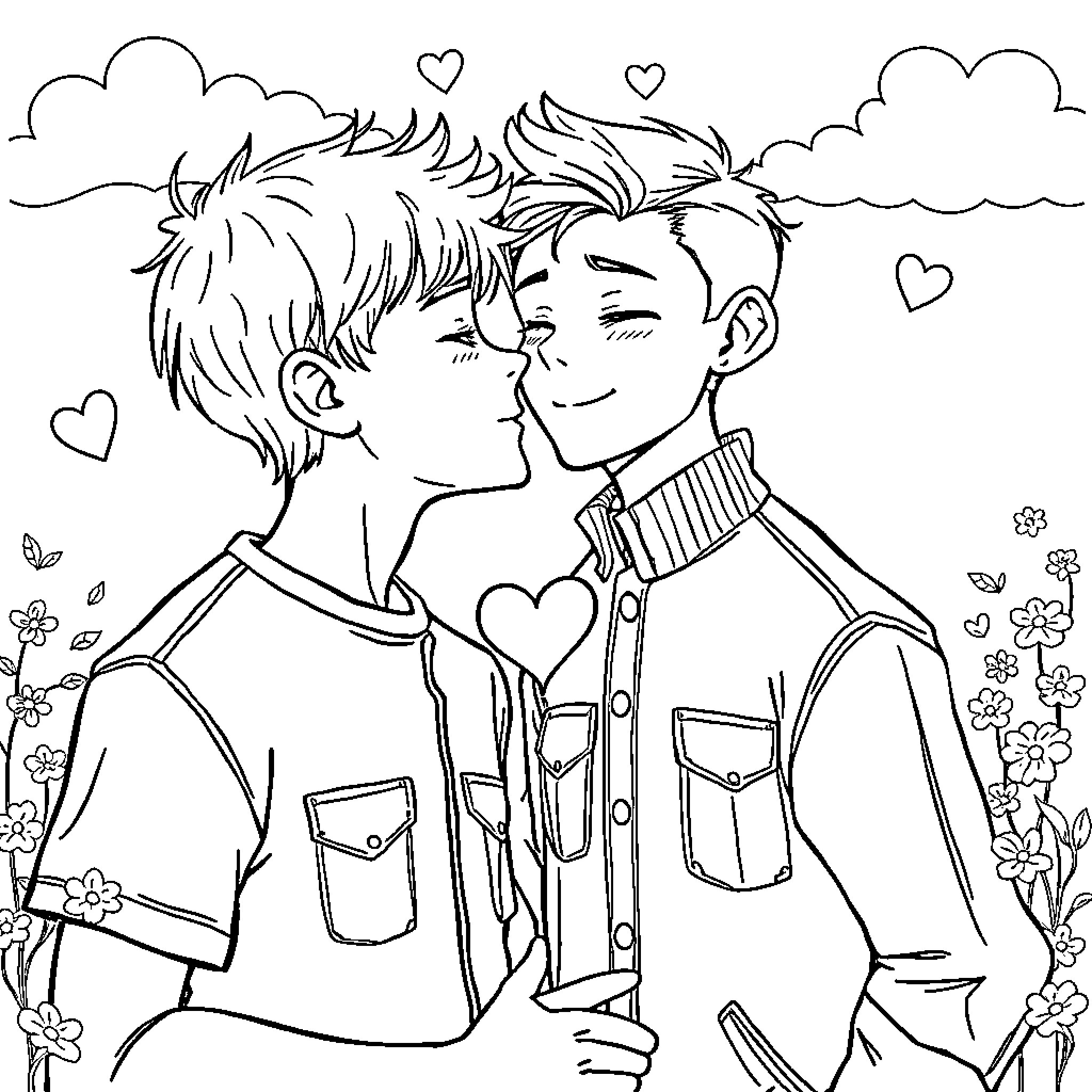 Boy and boy sharing a tender moment in nature Coloring Page (free black-and-white line drawing printable PDF for all, from beginners to advanced learners, including children, teens, adults, and seniors)