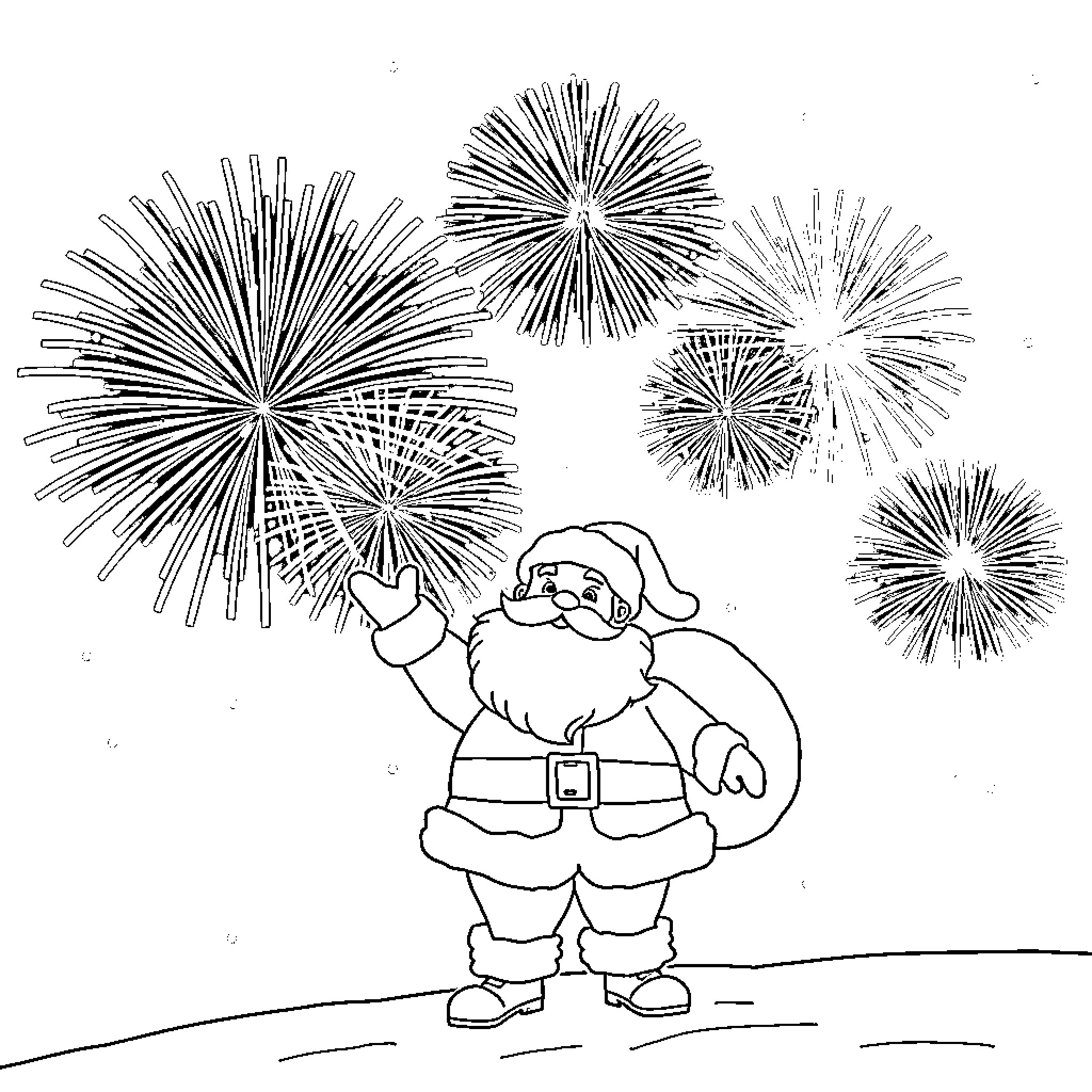 Santa Claus enjoying festive fireworks display Coloring Page (free black-and-white line drawing printable PDF for all, from beginners to advanced learners, including children, teens, adults, and seniors)