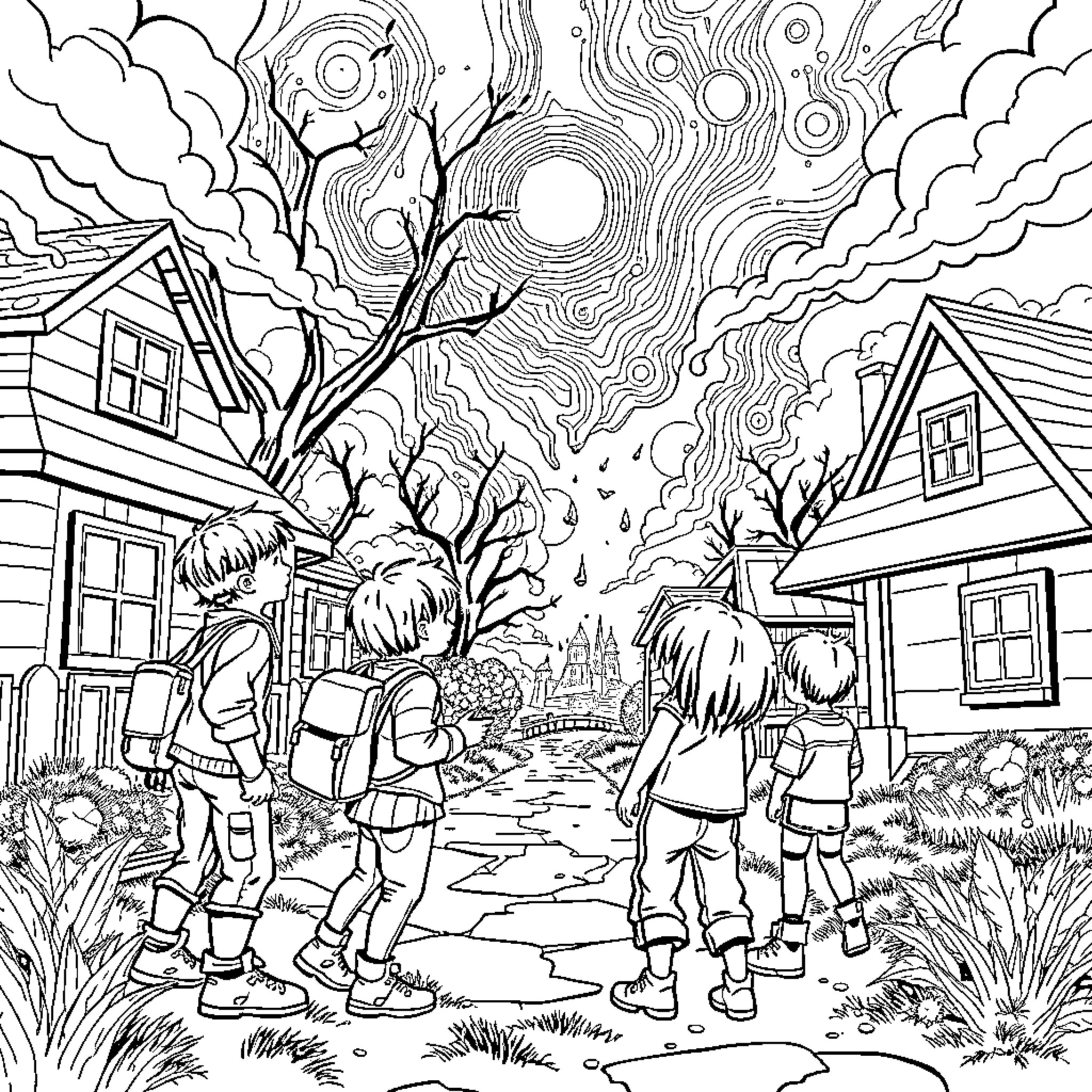 Stranger Things Adventure in the Strange Town Coloring Page (free black-and-white line drawing printable PDF for all, from beginners to advanced learners, including children, teens, adults, and seniors)