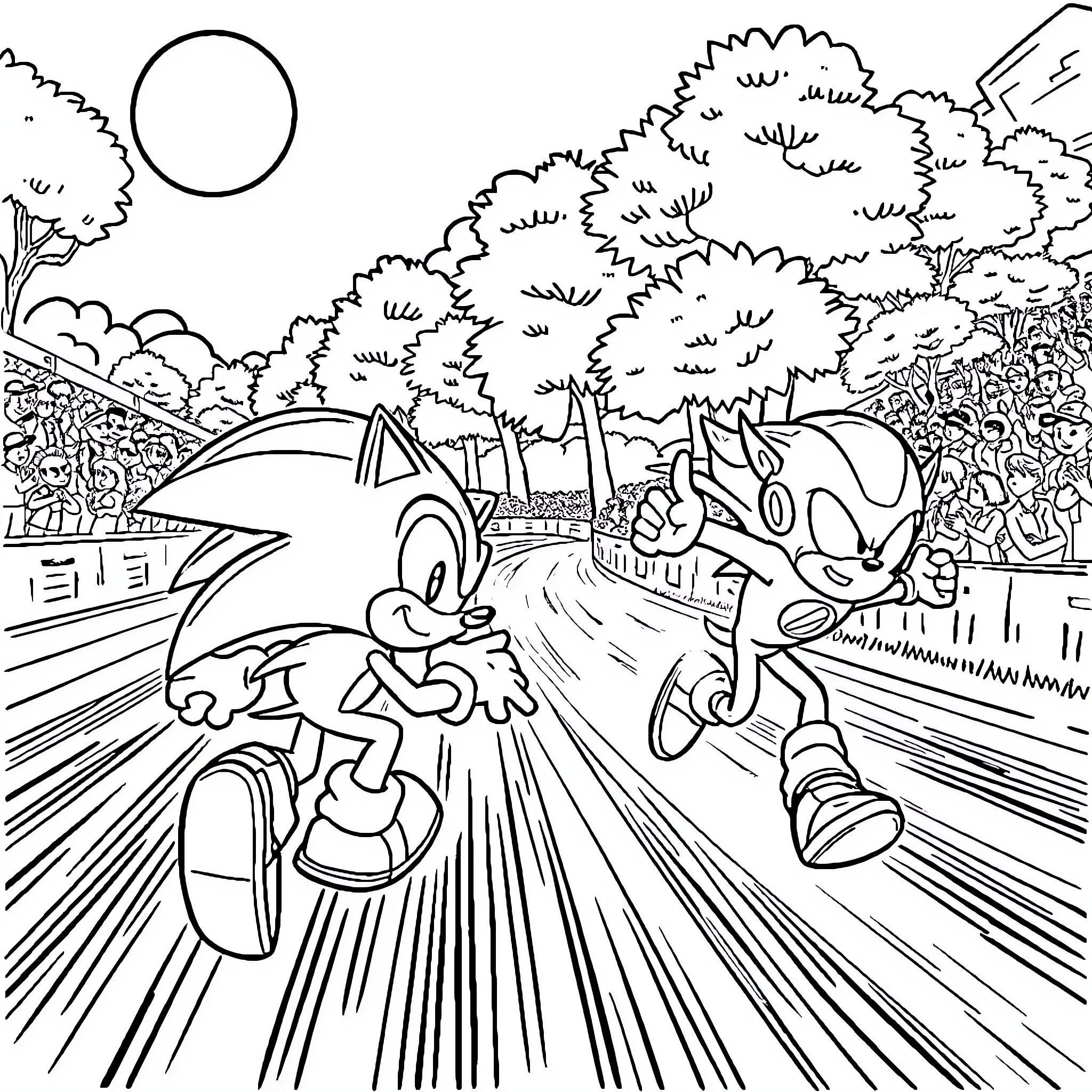 Sonic racing through a lush outdoor scene Coloring Page (free black-and-white line drawing printable PDF for all, from beginners to advanced learners, including children, teens, adults, and seniors)