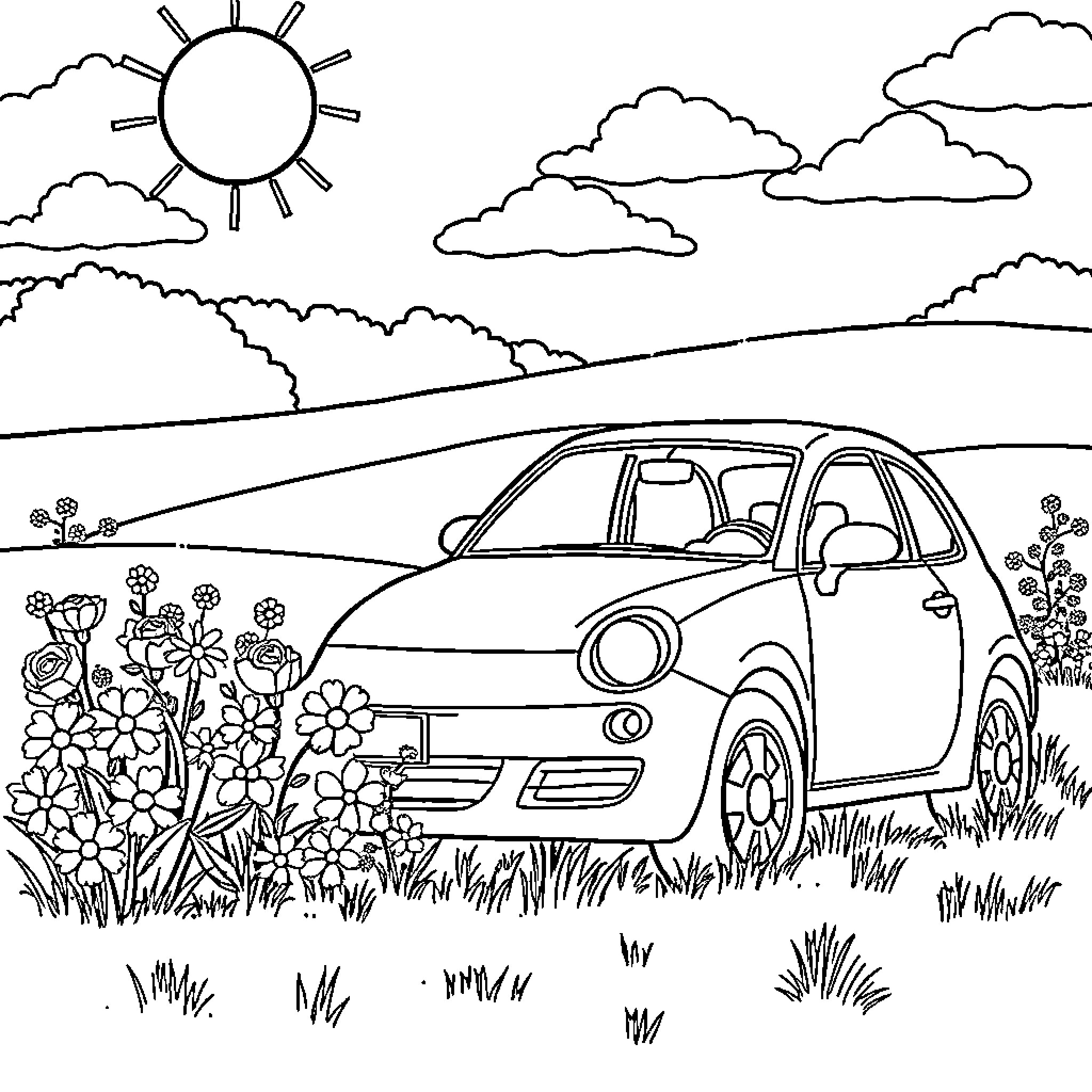 Flower Car Parked in a Scenic Landscape Coloring Page (free black-and-white line drawing printable PDF for all, from beginners to advanced learners, including children, teens, adults, and seniors)