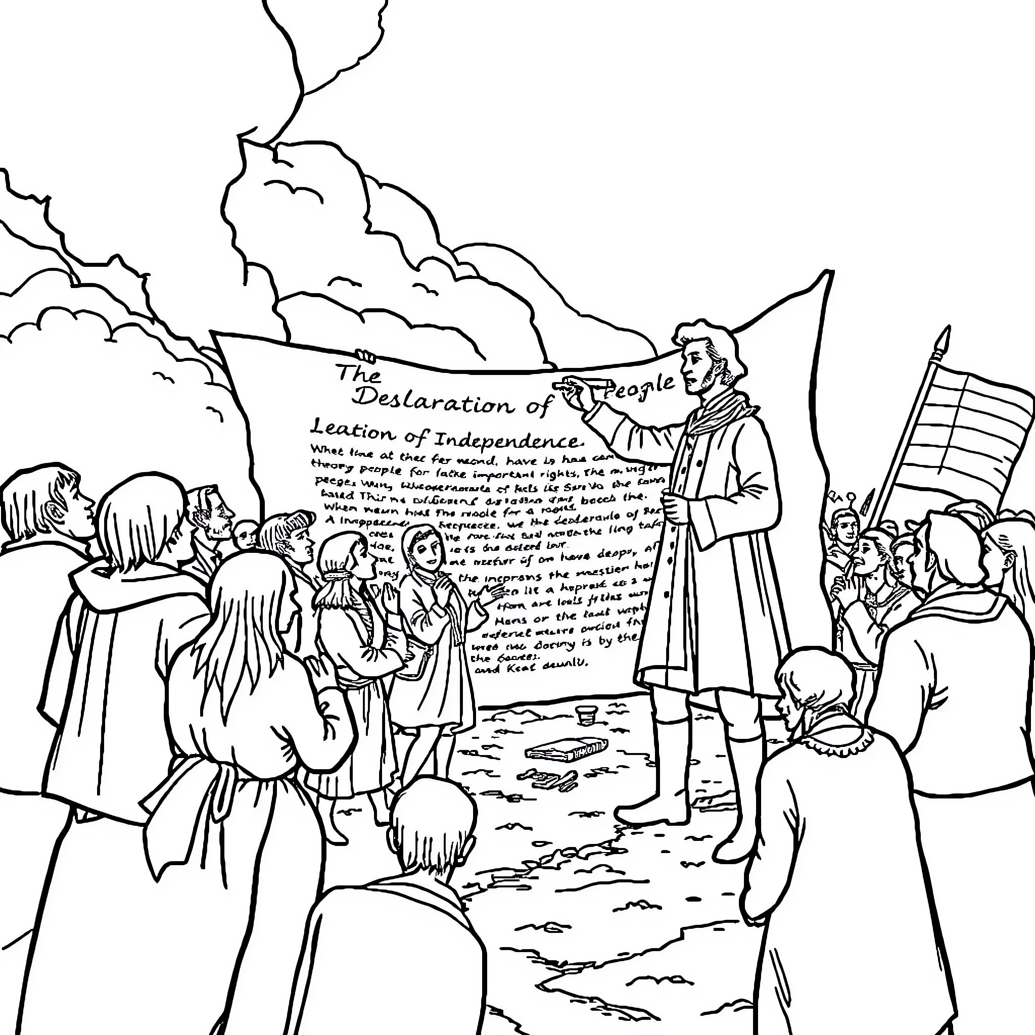 Declaration of Independence: Historic Revolutionary Scene Coloring Page (free black-and-white line drawing printable PDF for all, from beginners to advanced learners, including children, teens, adults, and seniors)