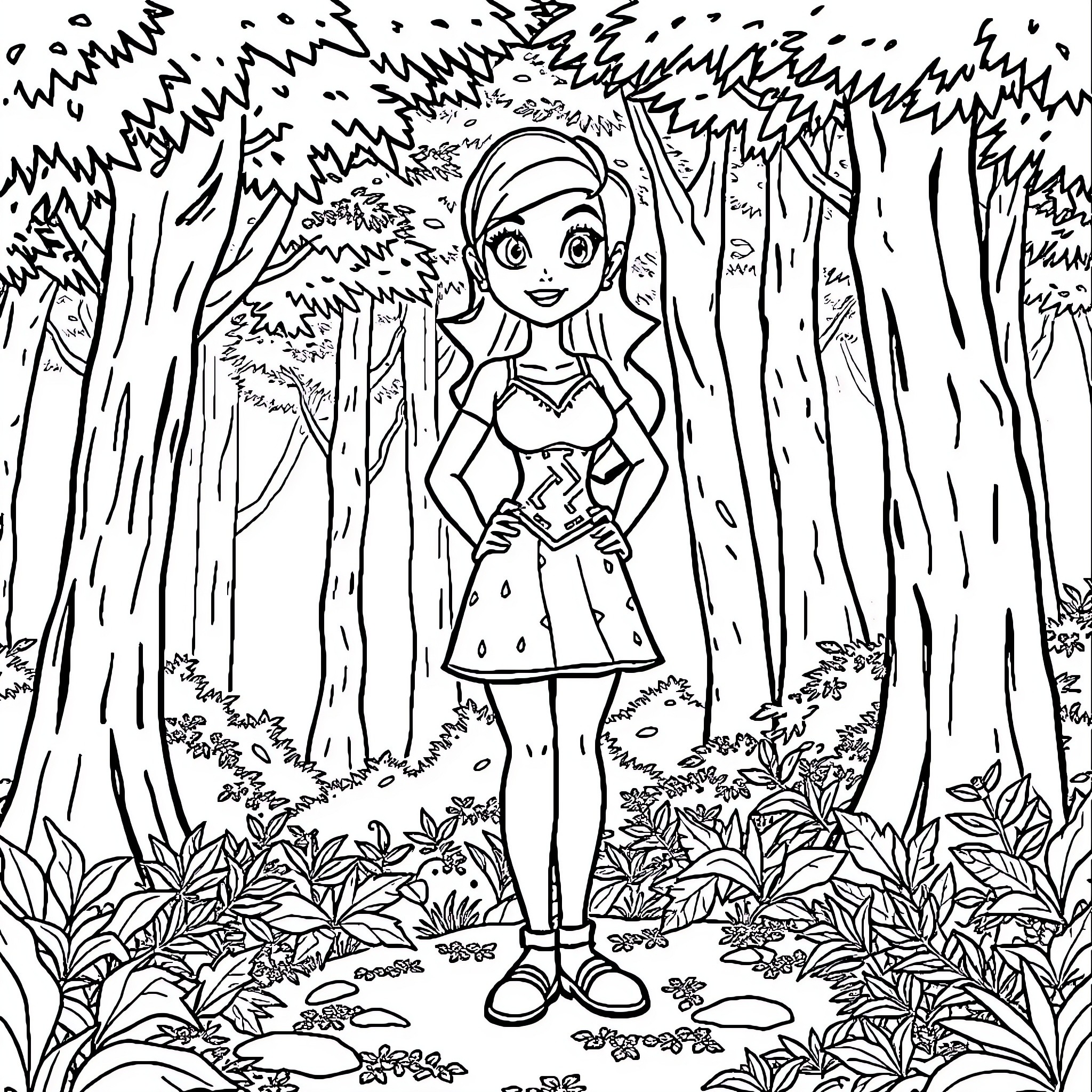 Gwen's Adventure in the Enchanted Forest Coloring Page (free black-and-white line drawing printable PDF for all, from beginners to advanced learners, including children, teens, adults, and seniors)