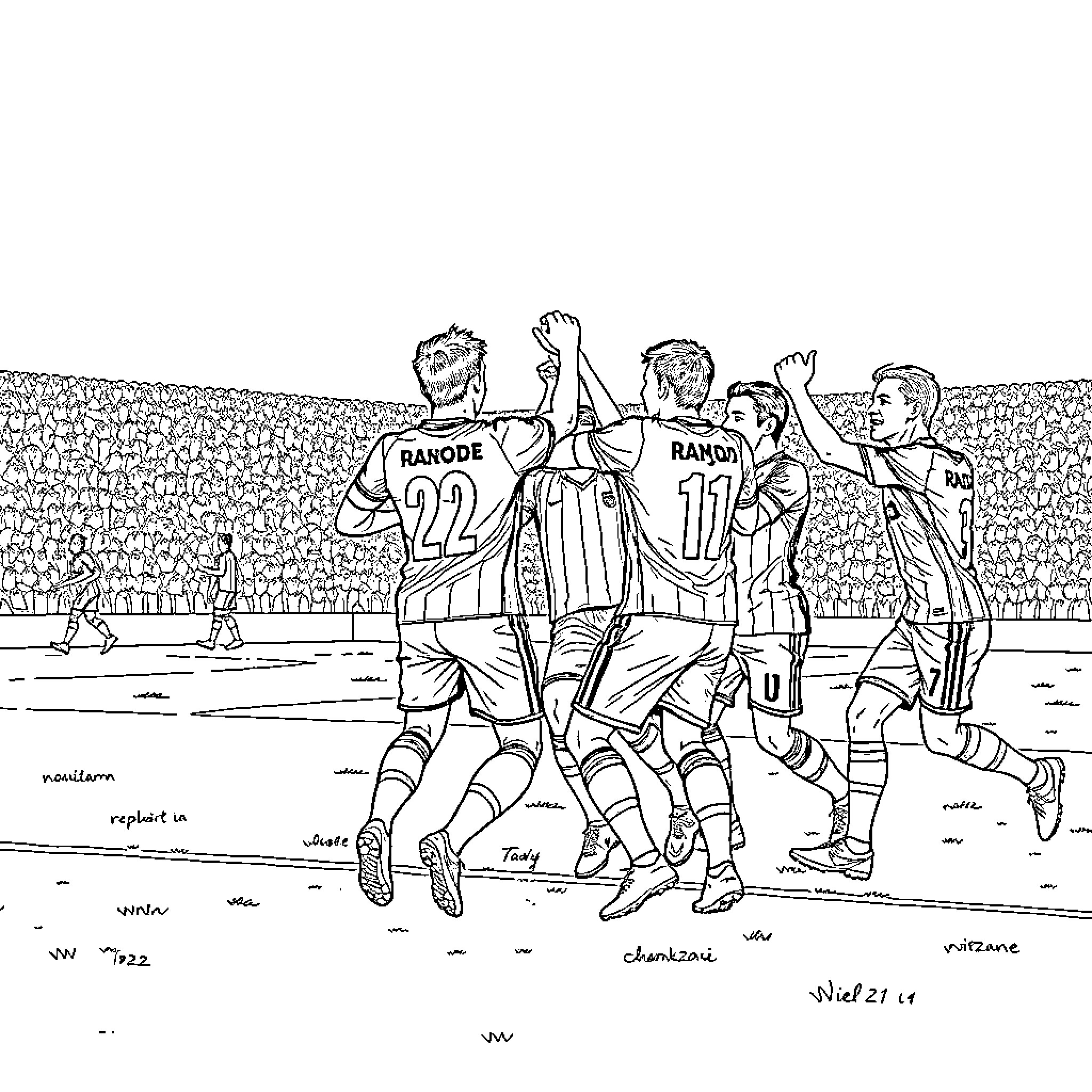 Rapid Bucuresti players celebrating a goal on the pitch Coloring Page (free black-and-white line drawing printable PDF for all, from beginners to advanced learners, including children, teens, adults, and seniors)