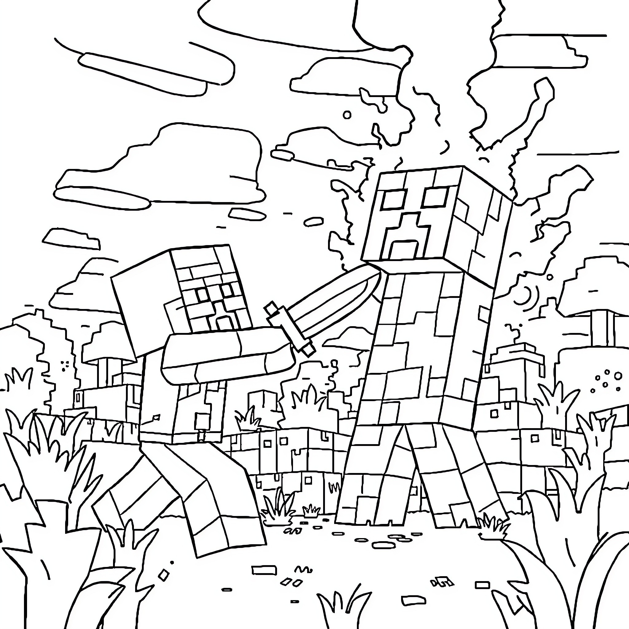 Minecraft Character exploring a vibrant landscape Coloring Page (free black-and-white line drawing printable PDF for all, from beginners to advanced learners, including children, teens, adults, and seniors)