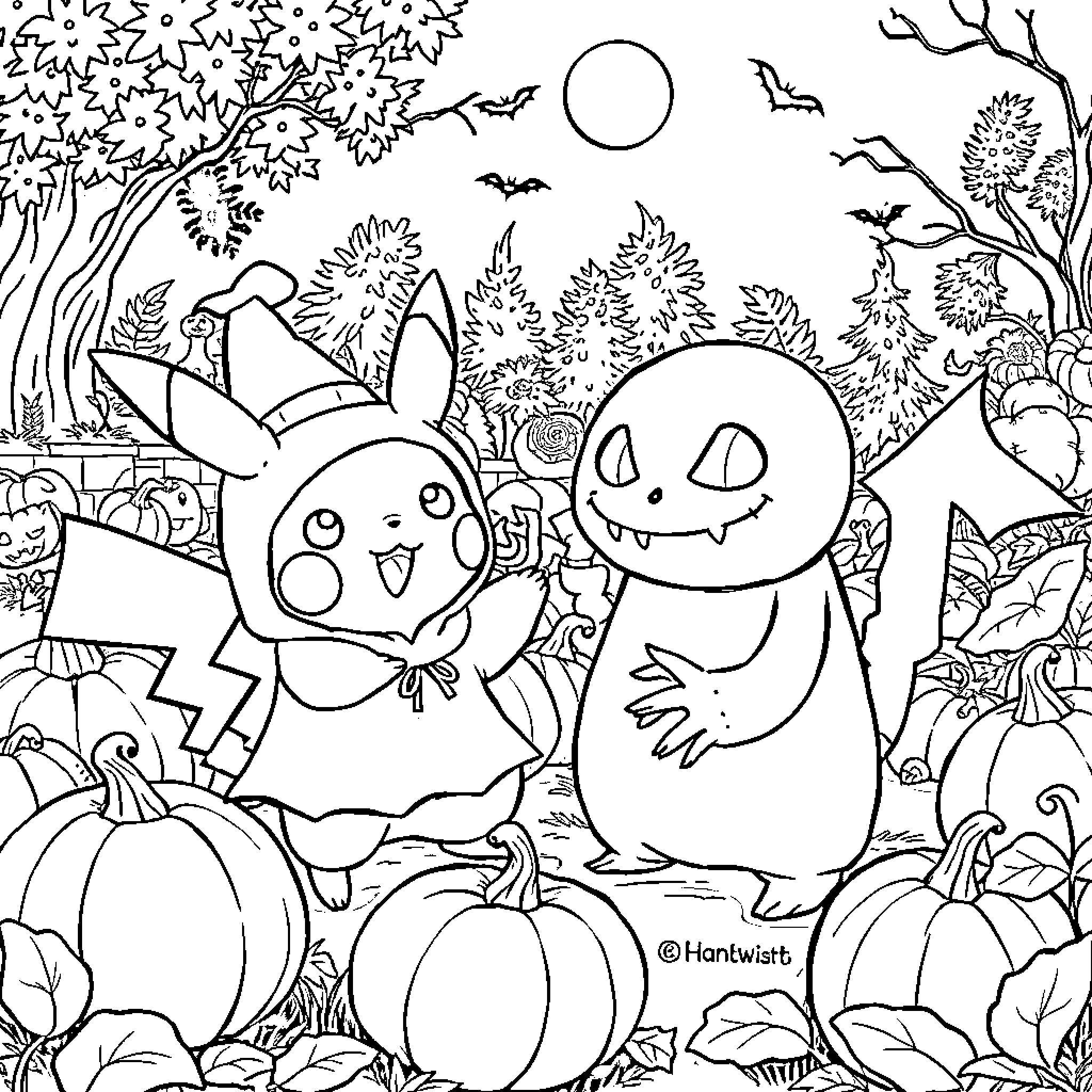Pikachu and Gastly playing in the Halloween forest Coloring Page (free black-and-white line drawing printable PDF for all, from beginners to advanced learners, including children, teens, adults, and seniors)